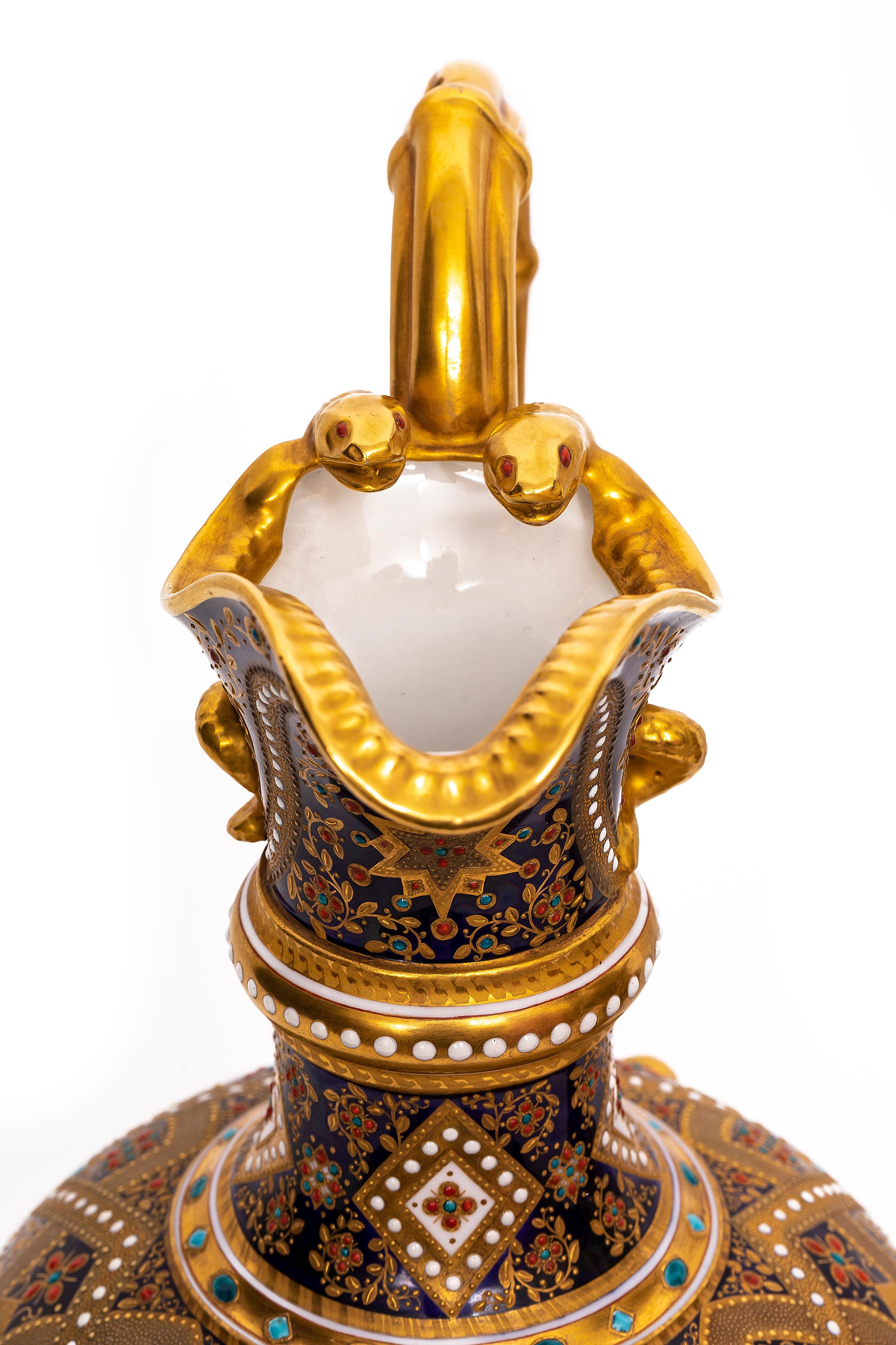 Pair English 19th C. Cobalt Blue, Jeweled & Gilt Double Handle Ewers by Copeland For Sale 3
