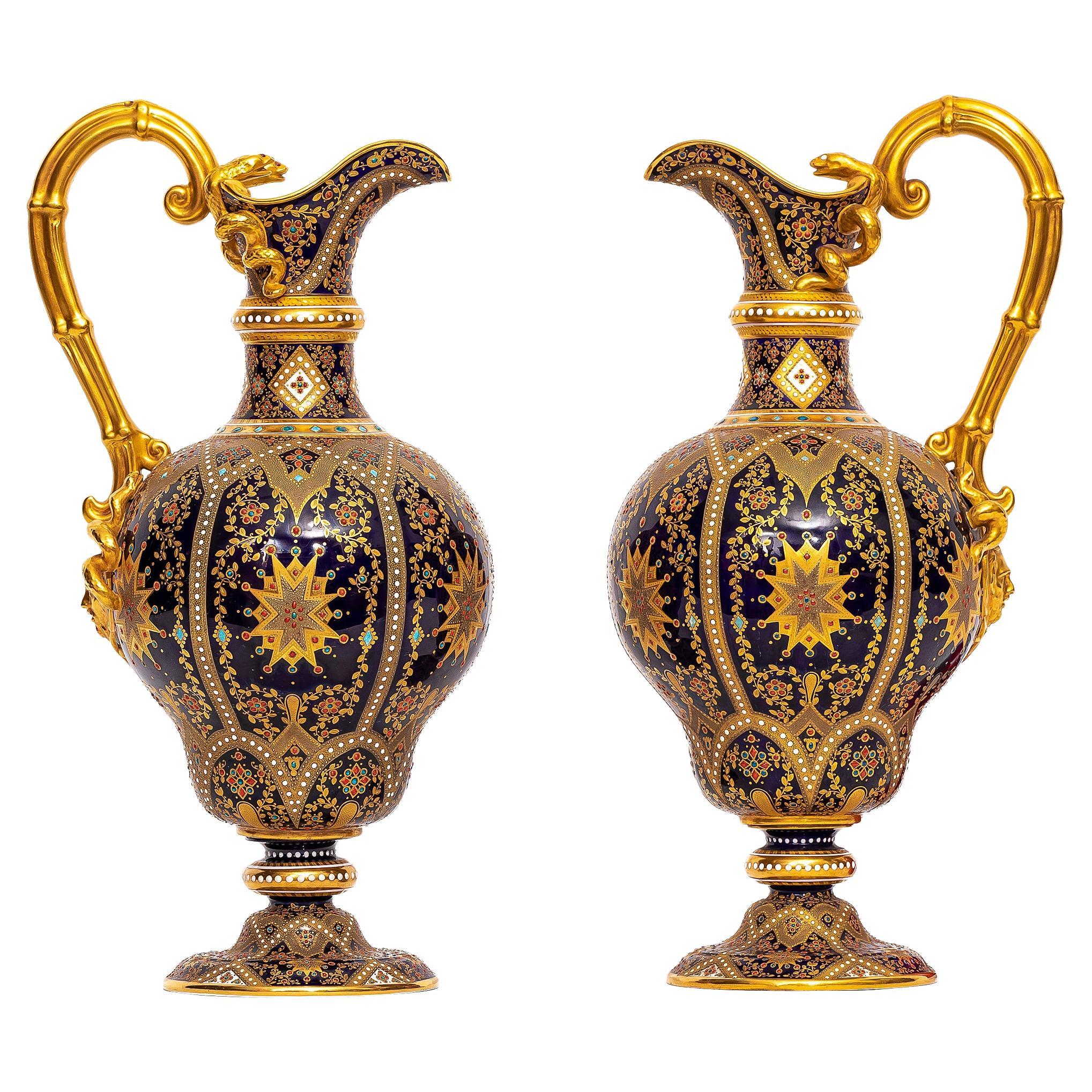 Pair English 19th C. Cobalt Blue, Jeweled & Gilt Double Handle Ewers by Copeland For Sale