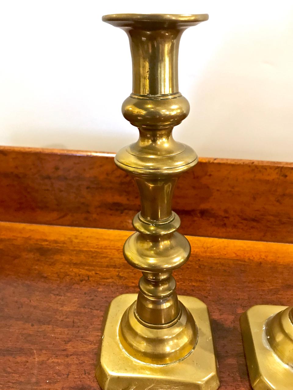 High Victorian Pair of English 19th Century Brass Push-Up Candlesticks