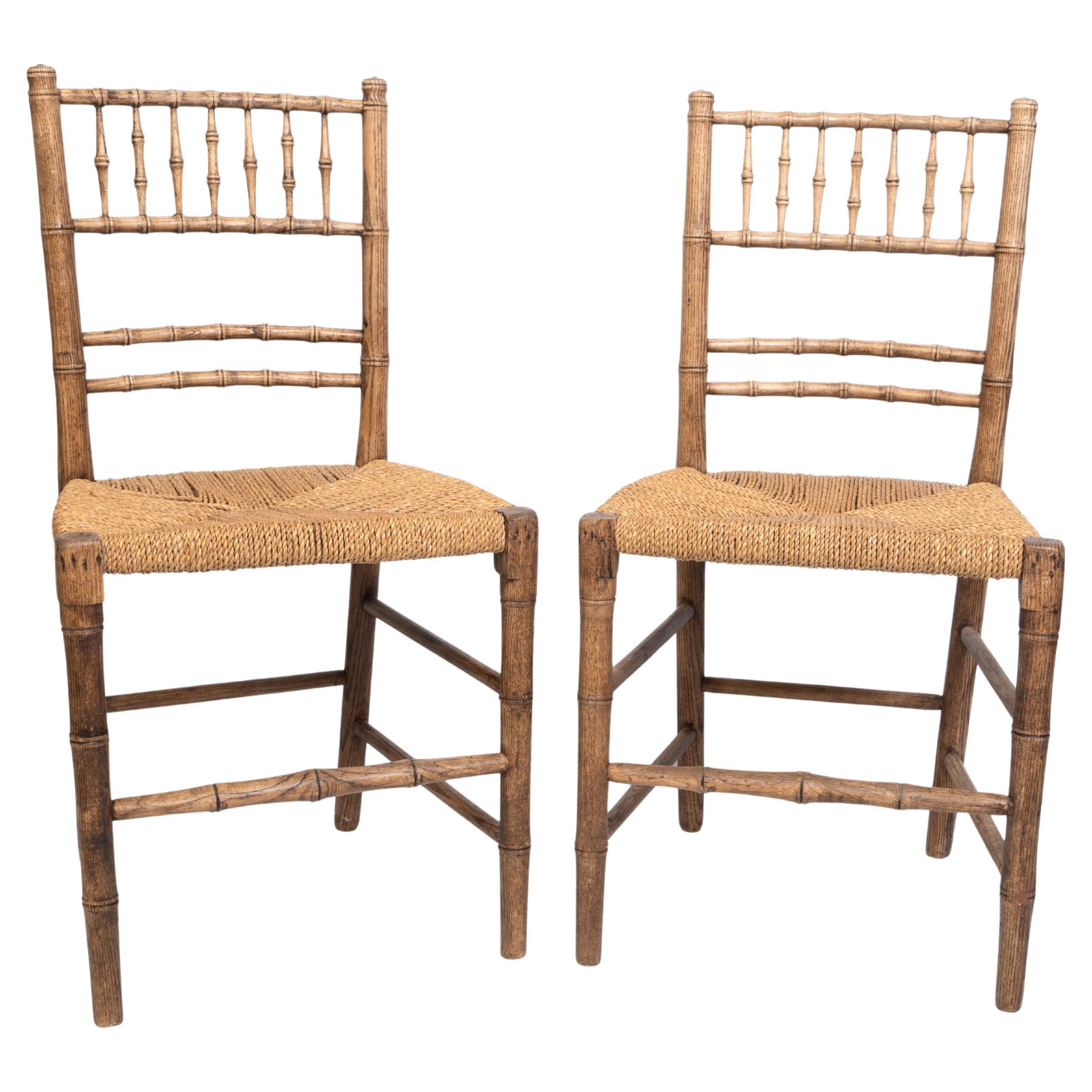Pair English 19th Century Faux Bamboo And Rush Side Chairs C.1815