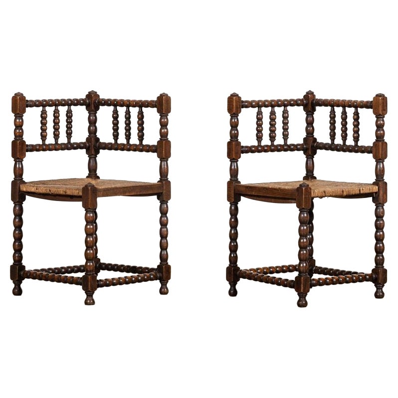 Pair English 19thC Beech Bobbin Corner Chairs For Sale