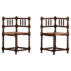 Pair English 19thC Beech Bobbin Corner Chairs