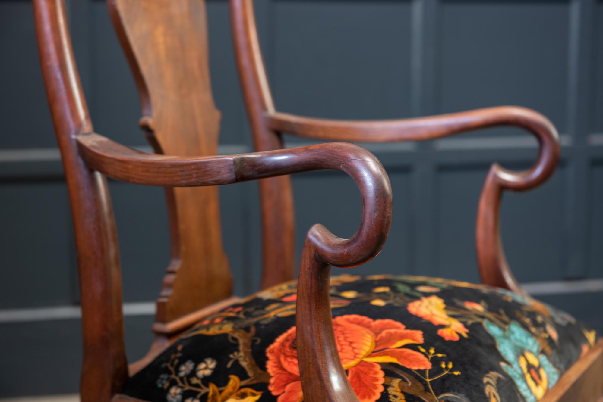 British Pair of English 19th Century Large Mahogany Carver Elbow Chairs Reupholstered For Sale