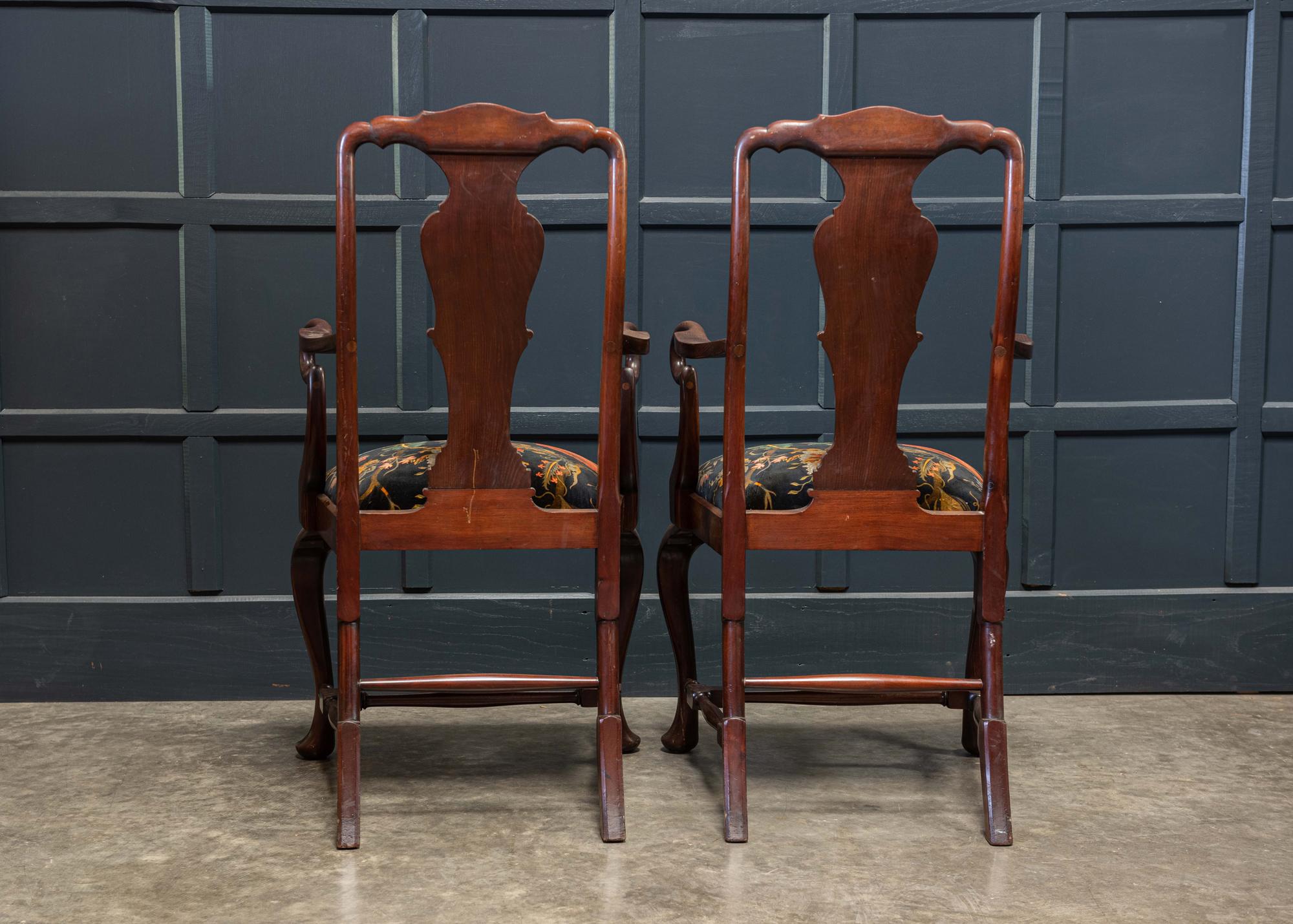 Pair of English 19th Century Large Mahogany Carver Elbow Chairs Reupholstered For Sale 1