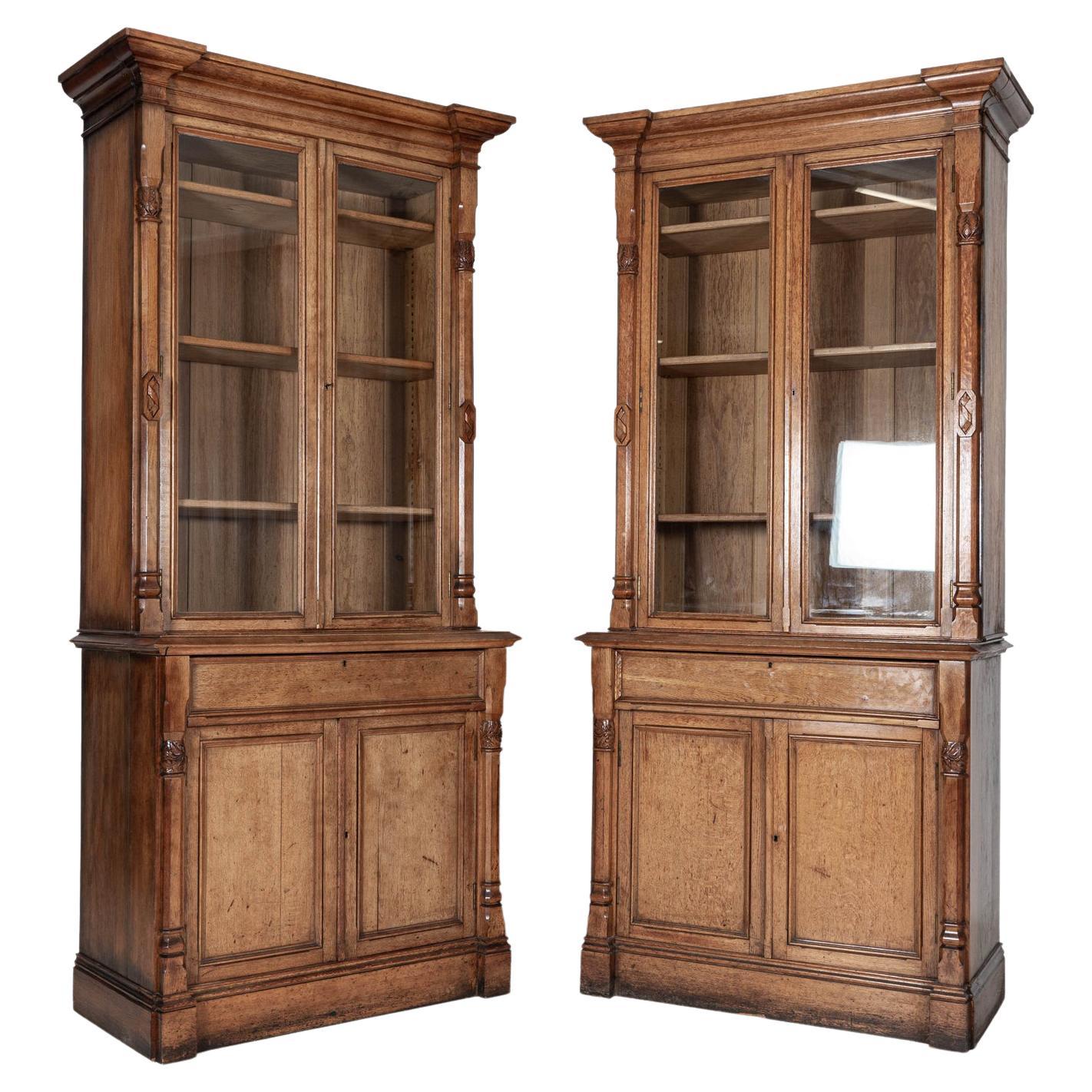 Pair English 19thC Oak Bookcase Cabinets