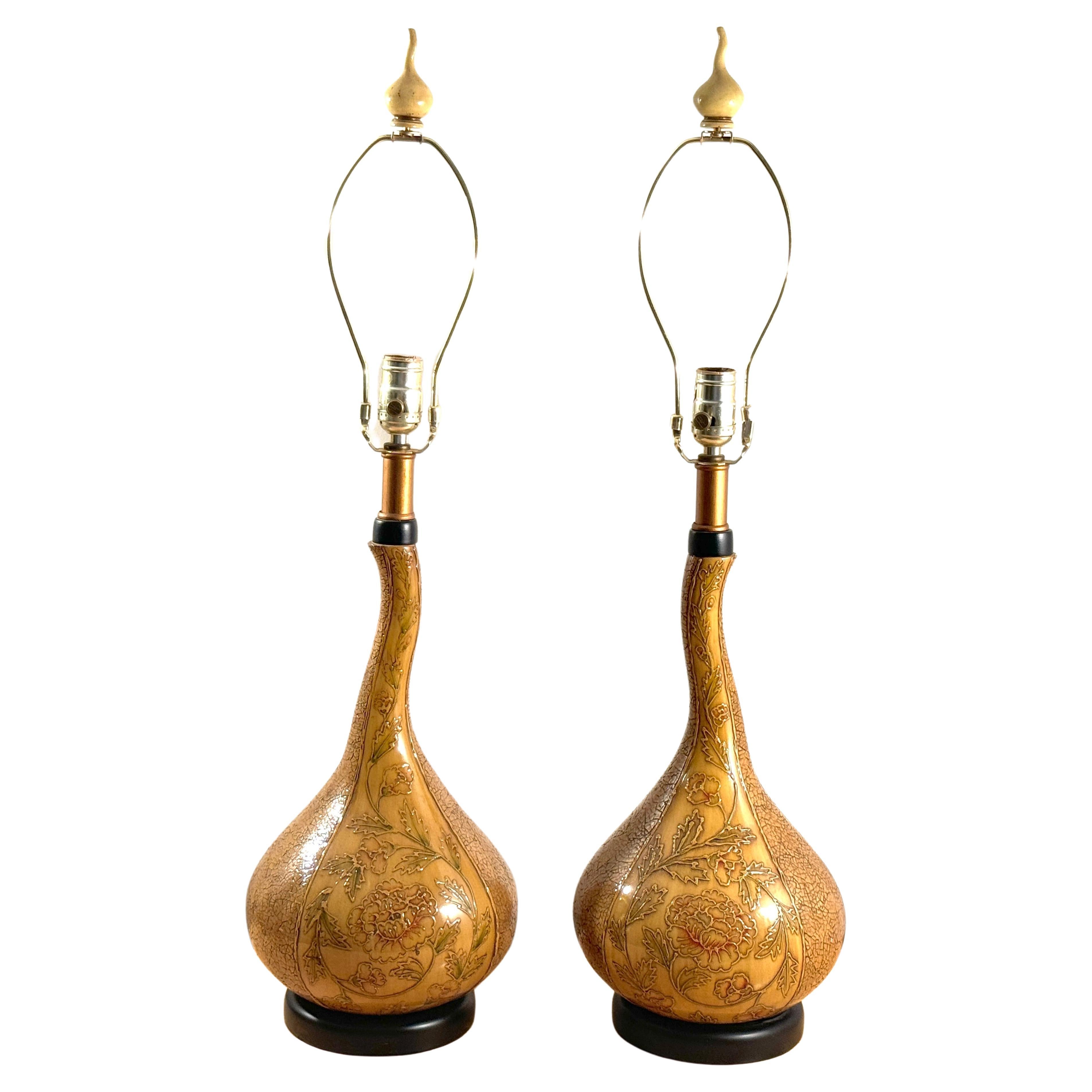 Pair English Aesthetic Movement Gourd Vases, Now as Lamps Attributed  Doulton