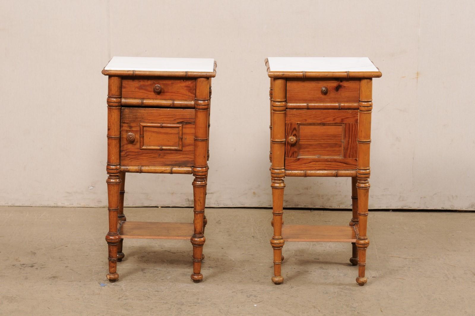 Pair English Antique Marble Top Side Chests w/Faux Bamboo Carving & Lower Shelf For Sale 7