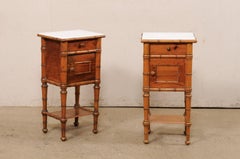 Pair English Antique Marble Top Side Chests w/Faux Bamboo Carving & Lower Shelf