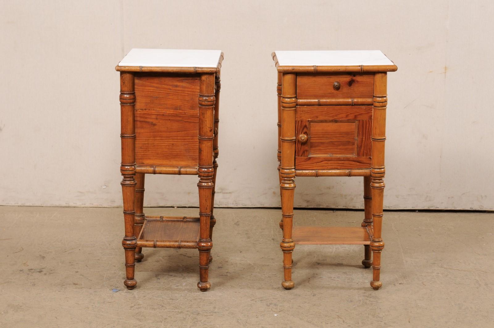 Pair English Antique Marble Top Side Chests w/Faux Bamboo Carving & Lower Shelf For Sale 2