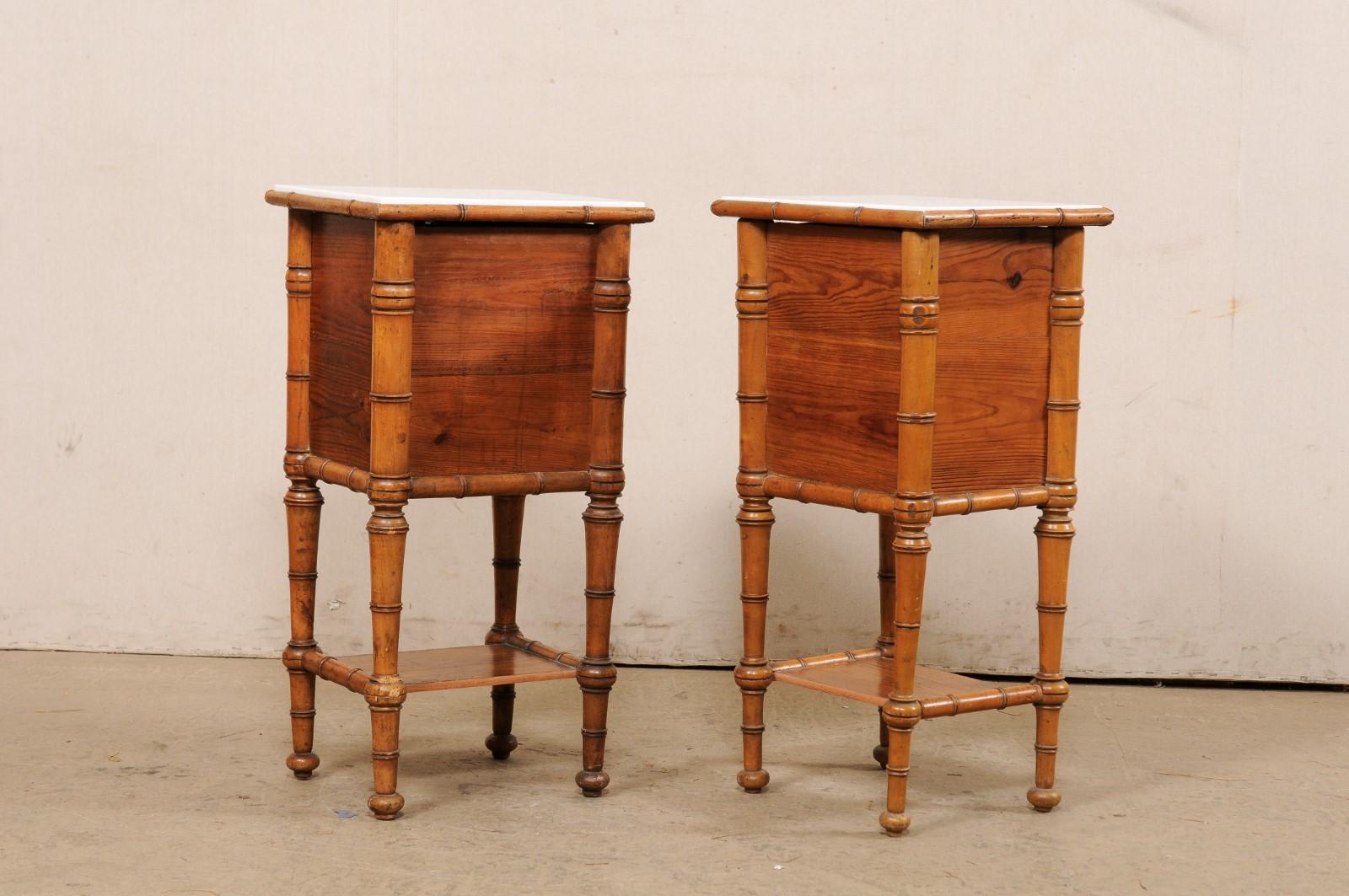 Pair English Antique Marble Top Side Chests w/Faux Bamboo Carving & Lower Shelf For Sale 4