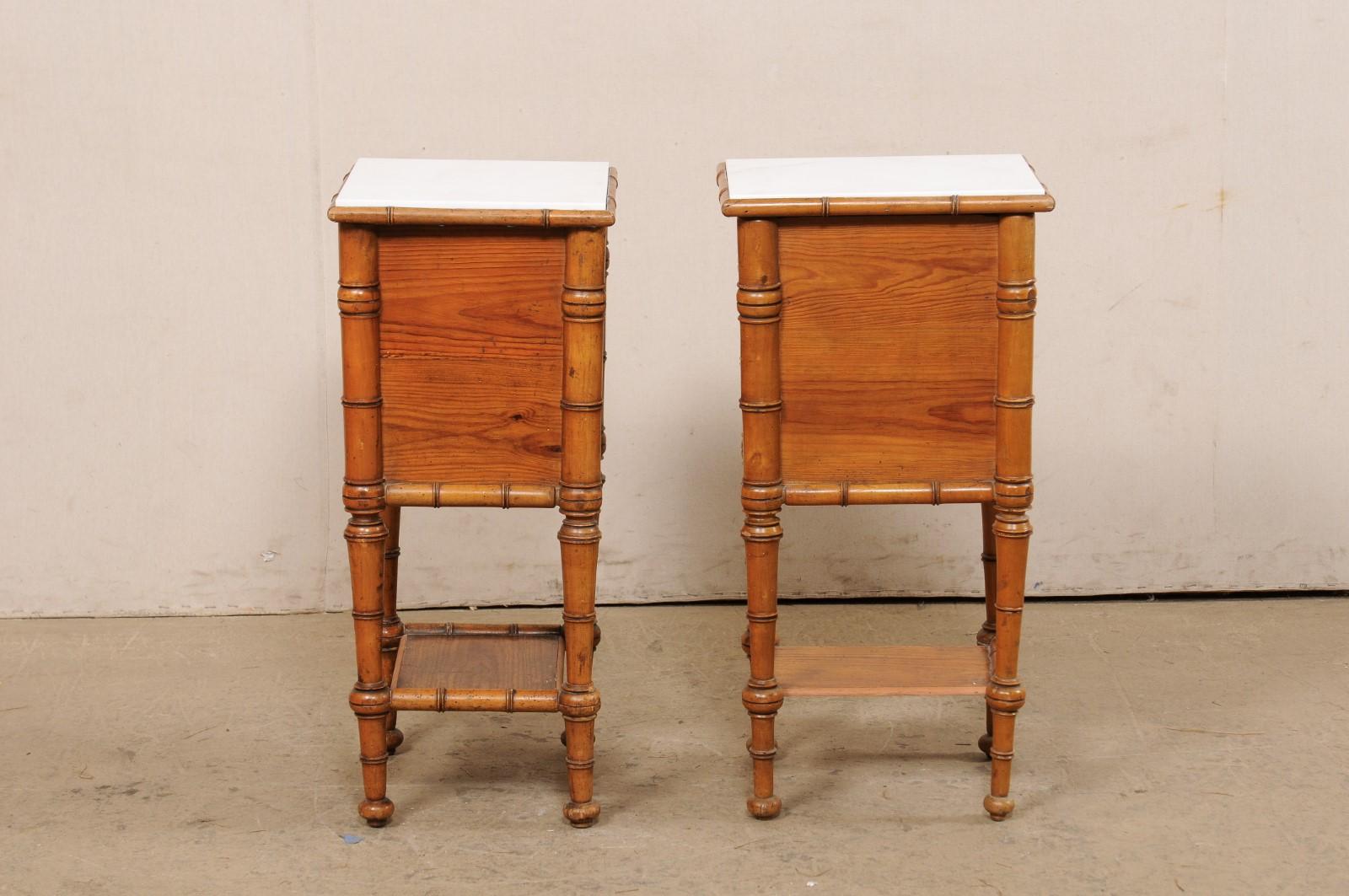 Pair English Antique Marble Top Side Chests w/Faux Bamboo Carving & Lower Shelf For Sale 5
