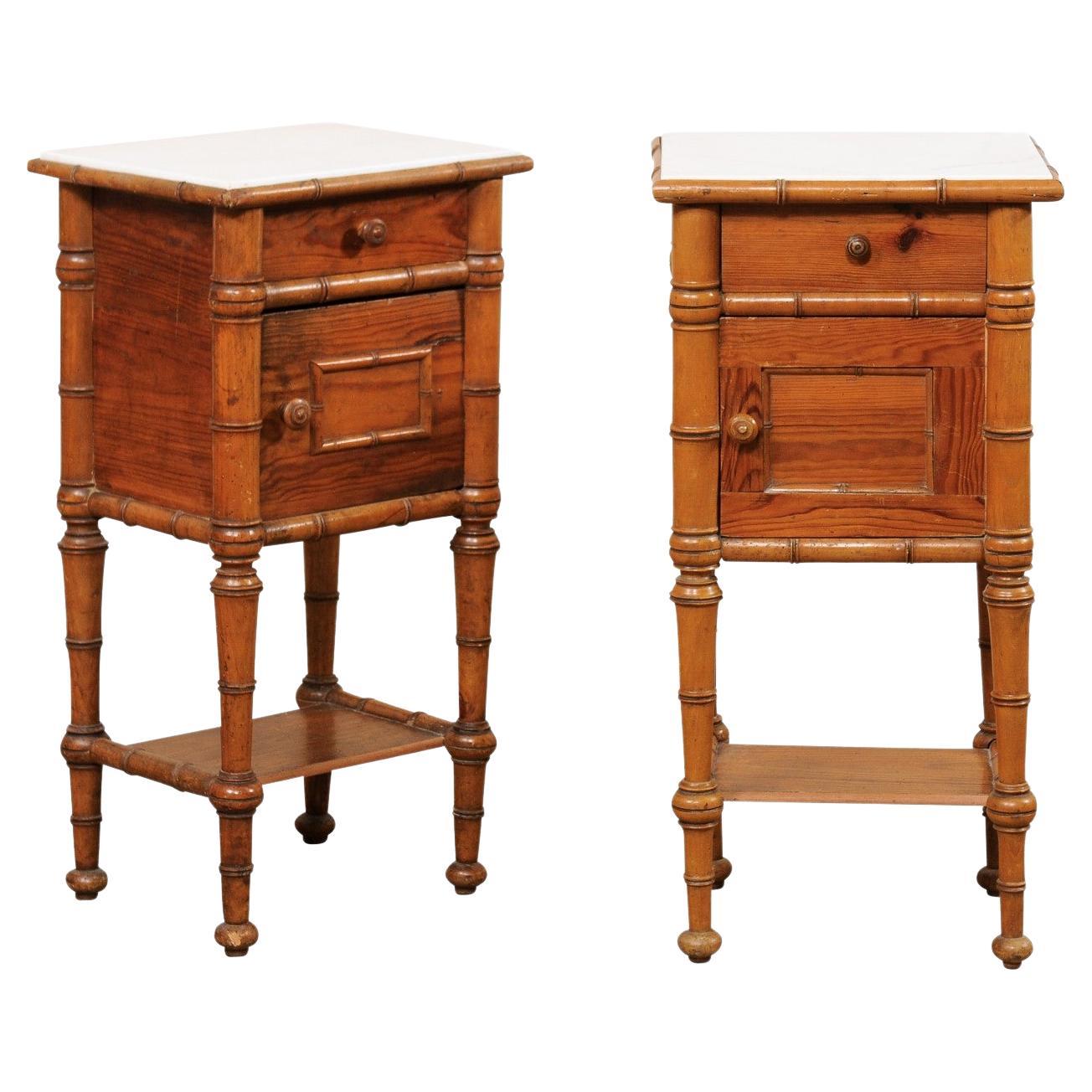 Pair English Antique Marble Top Side Chests w/Faux Bamboo Carving & Lower Shelf For Sale