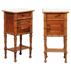 Pair English Antique Marble Top Side Chests w/Faux Bamboo Carving & Lower Shelf