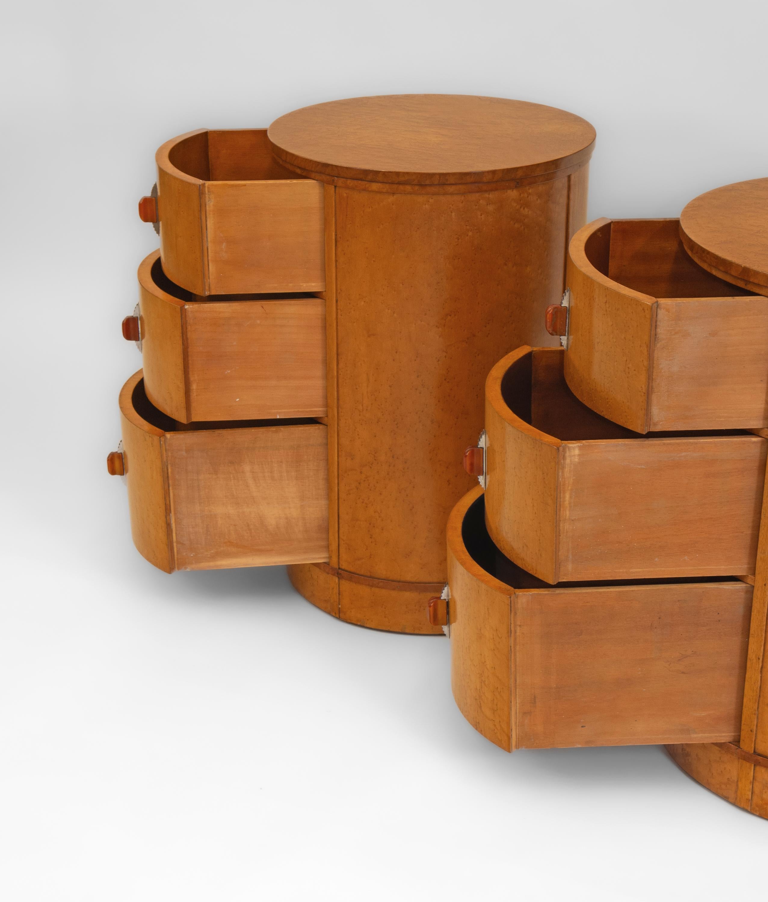 Pair English Art Deco Birds Eye Maple Cylindrical Bedside Chests Cabinets 3