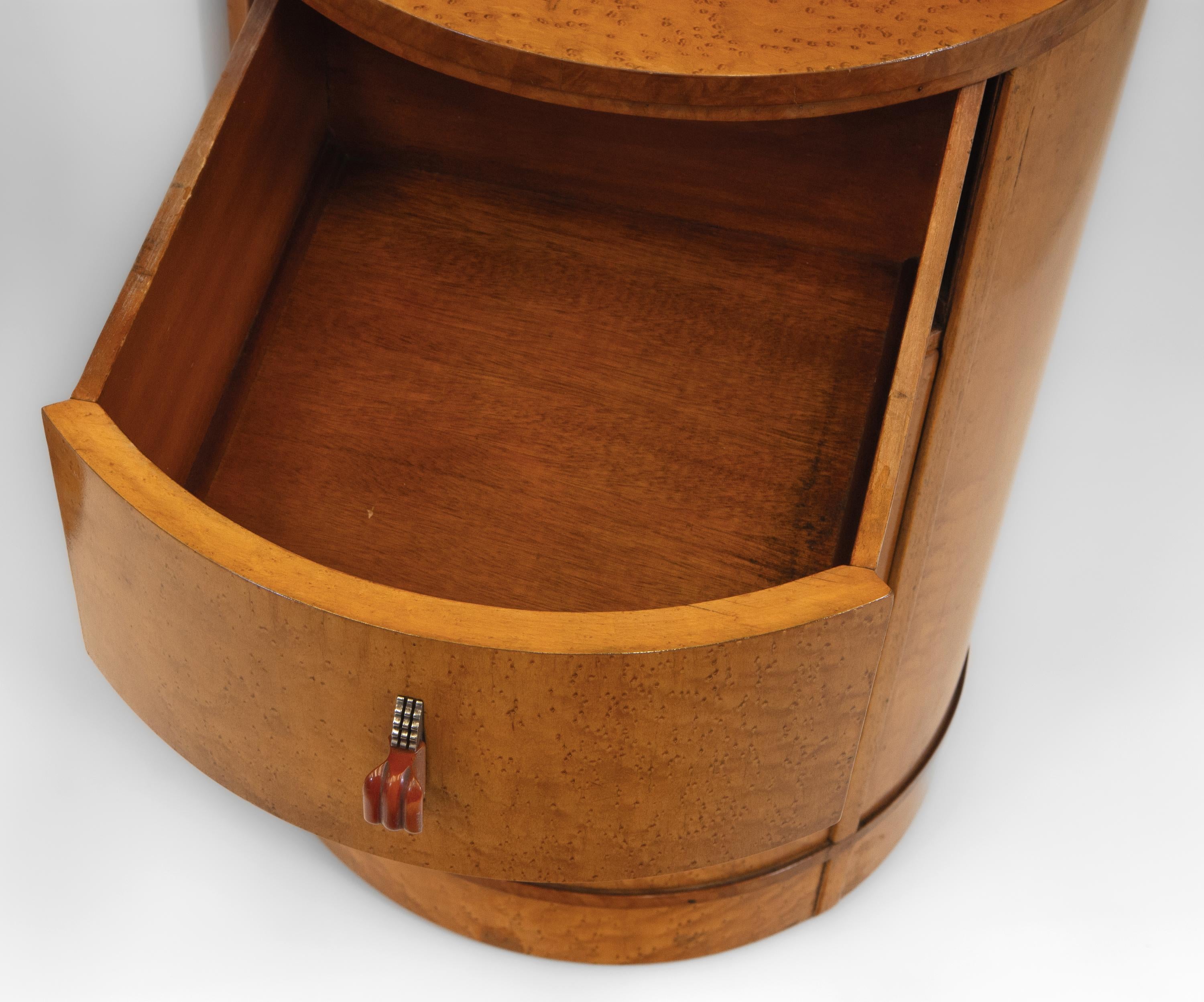 Pair English Art Deco Birds Eye Maple Cylindrical Bedside Chests Cabinets 4