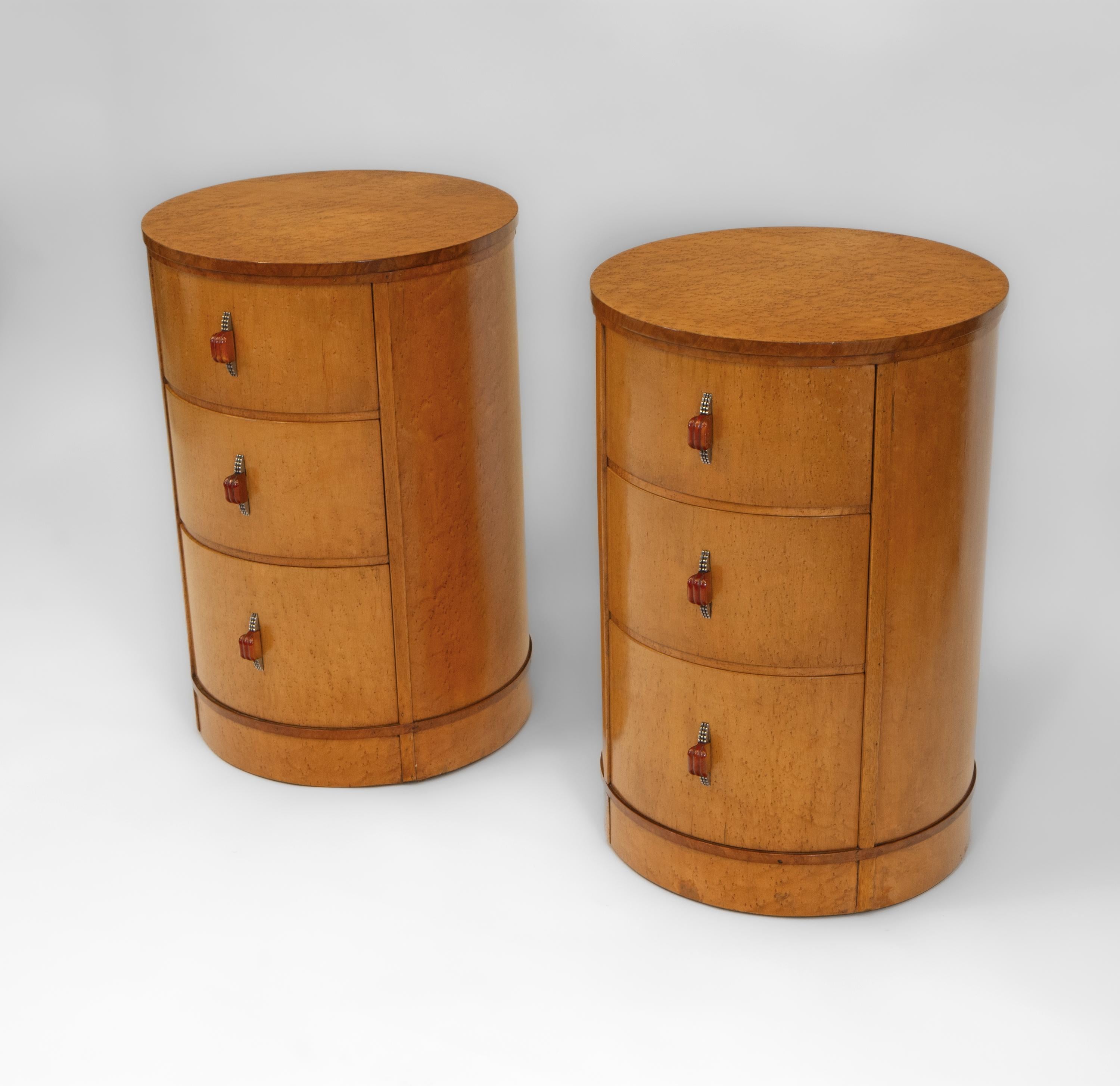 British Pair English Art Deco Birds Eye Maple Cylindrical Bedside Chests Cabinets