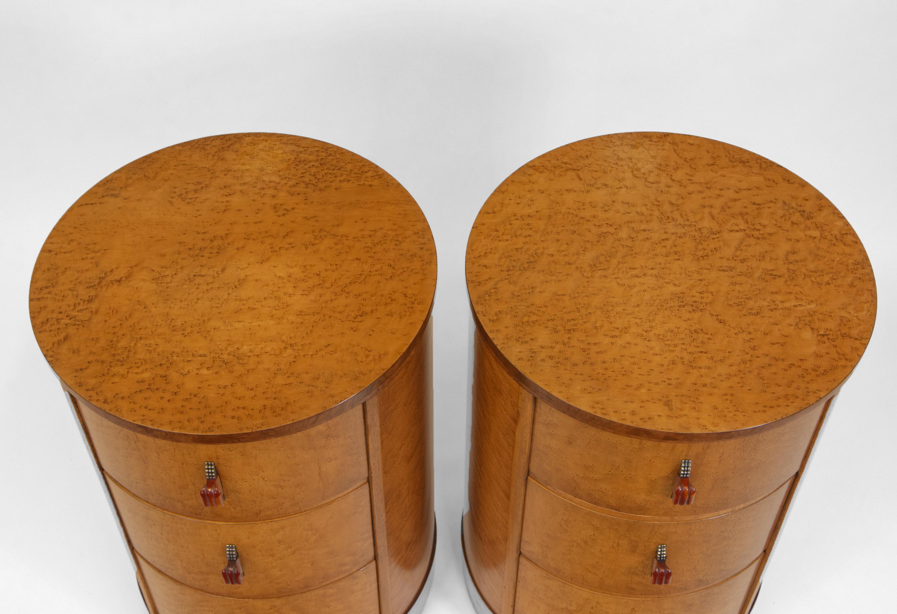 Veneer Pair English Art Deco Birds Eye Maple Cylindrical Bedside Chests Cabinets
