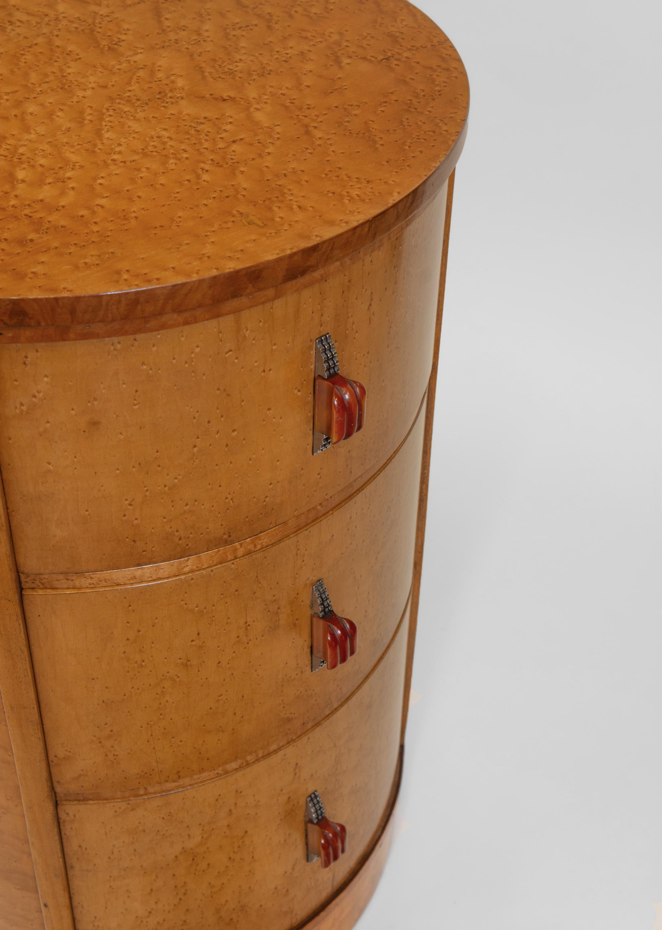 Pair English Art Deco Birds Eye Maple Cylindrical Bedside Chests Cabinets In Good Condition In Norwich, GB