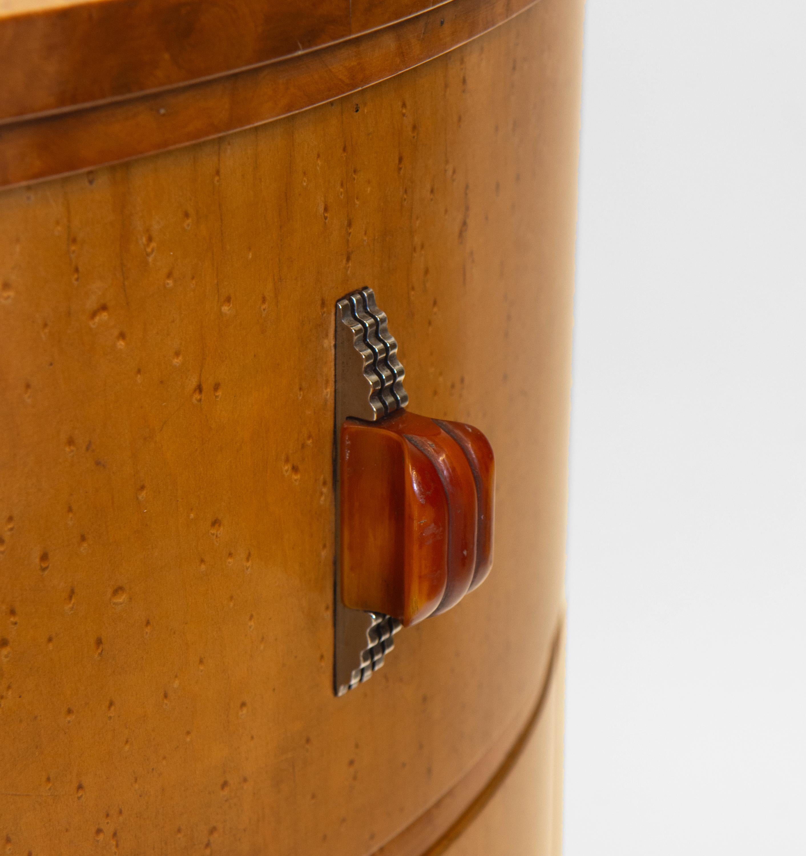 20th Century Pair English Art Deco Birds Eye Maple Cylindrical Bedside Chests Cabinets