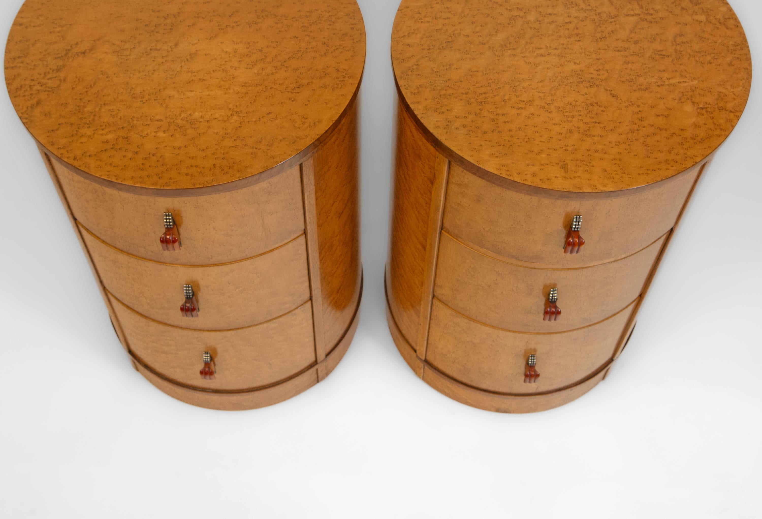 Pair English Art Deco Birds Eye Maple Cylindrical Bedside Chests Cabinets 1