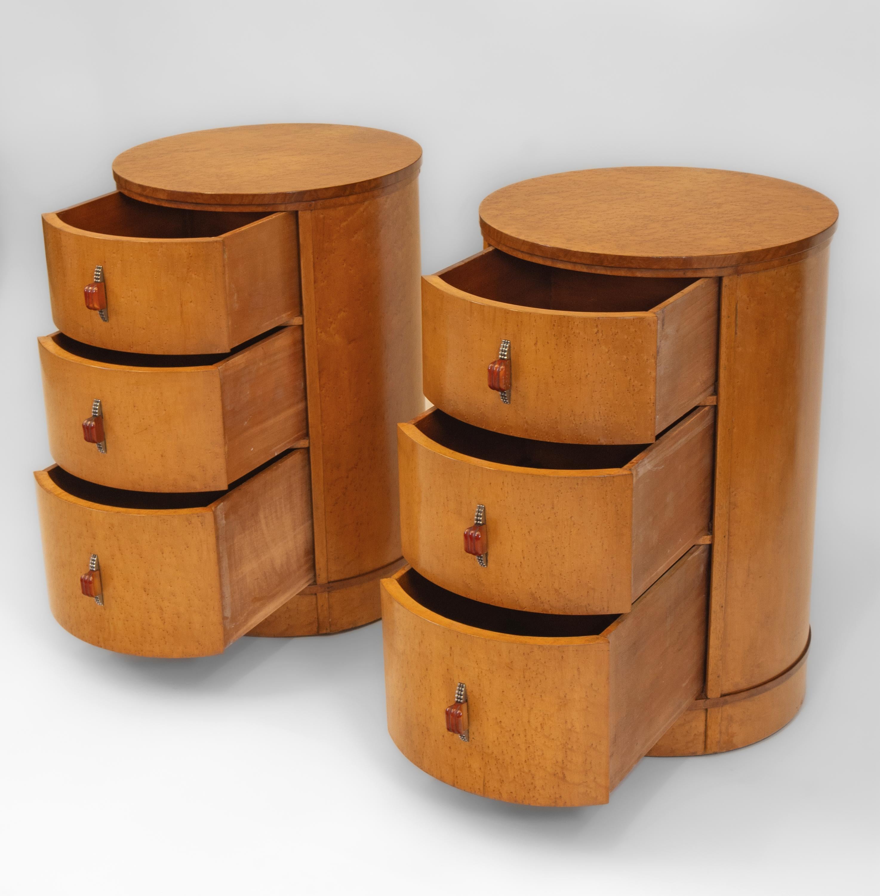 Pair English Art Deco Birds Eye Maple Cylindrical Bedside Chests Cabinets 2