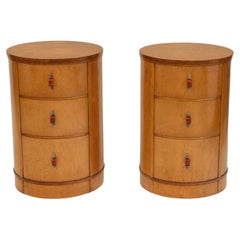 Antique Pair English Art Deco Birds Eye Maple Cylindrical Bedside Chests Cabinets