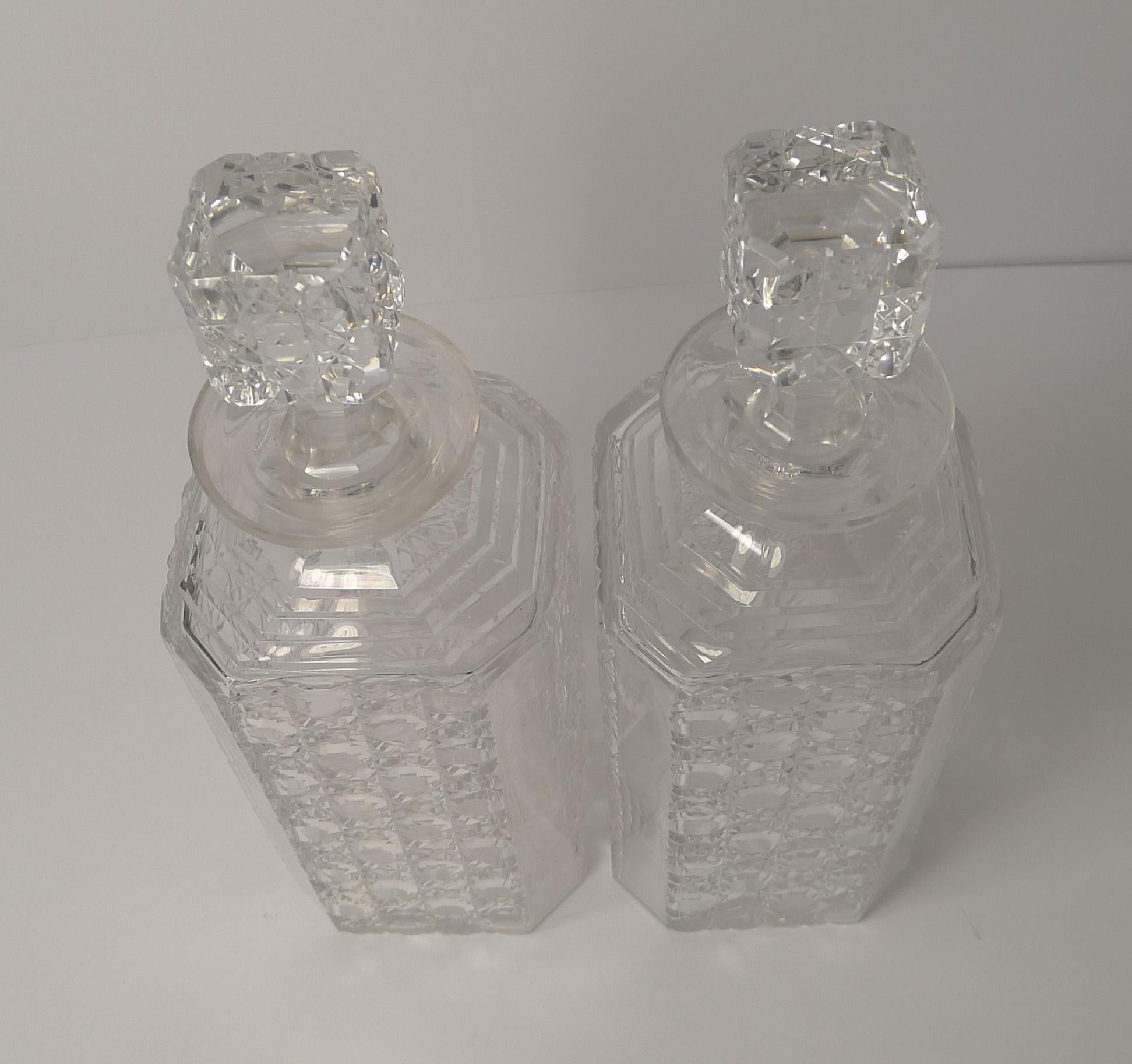 Early 20th Century Pair of English Art Deco Cut Crystal Decanters