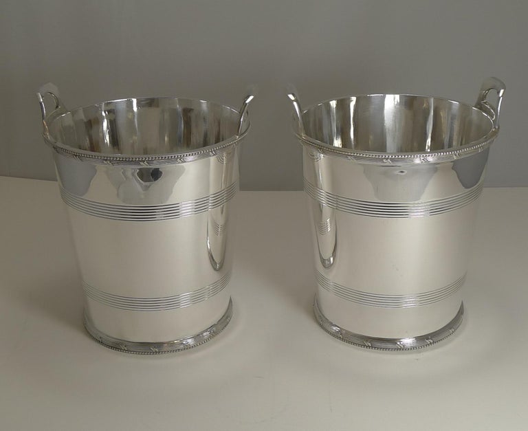 English Art Deco Silver Plated Wine / Champagne Coolers by Lee and Wigfull, Pair In Good Condition In Bath, GB