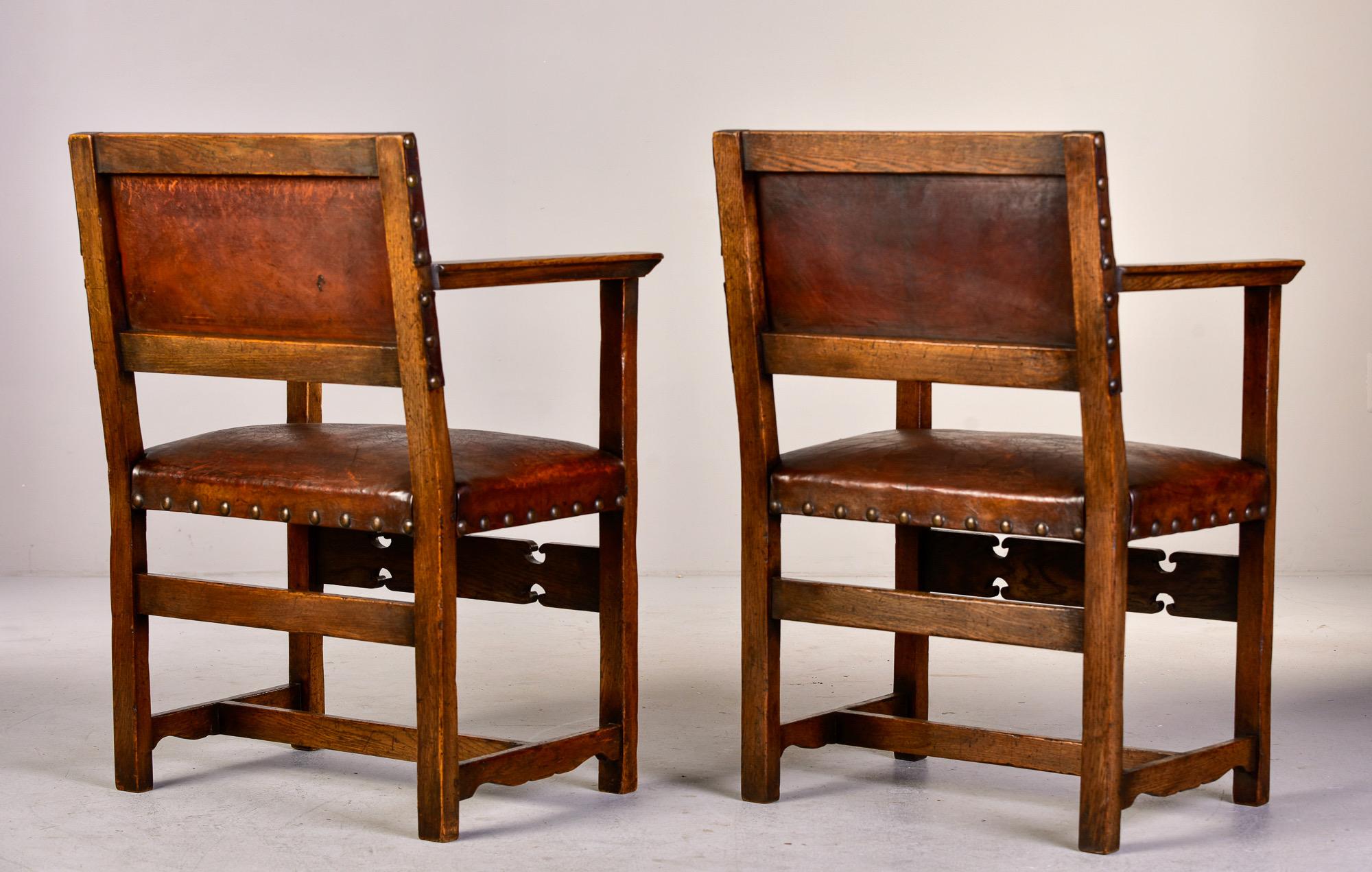 Pair English Arts and Crafts Oak Chairs With Original Leather 4