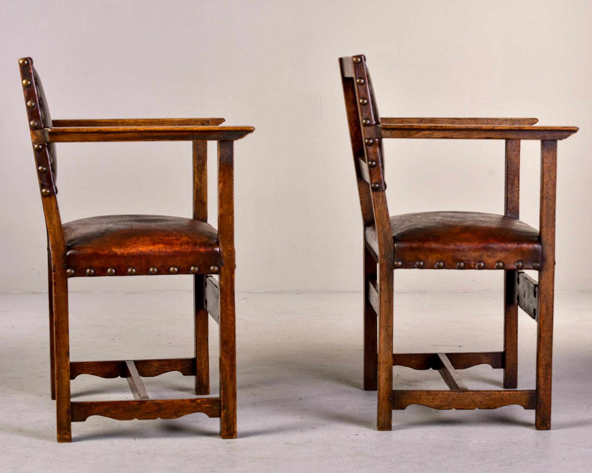 Pair English Arts and Crafts Oak Chairs With Original Leather 5