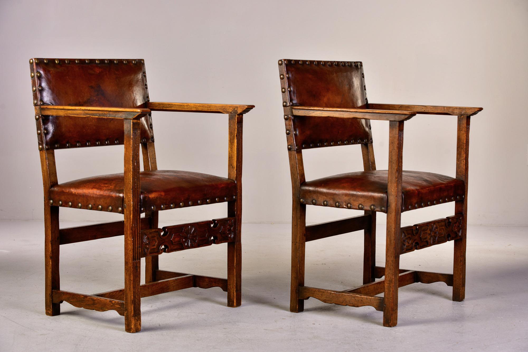 Pair English Arts and Crafts Oak Chairs With Original Leather 6