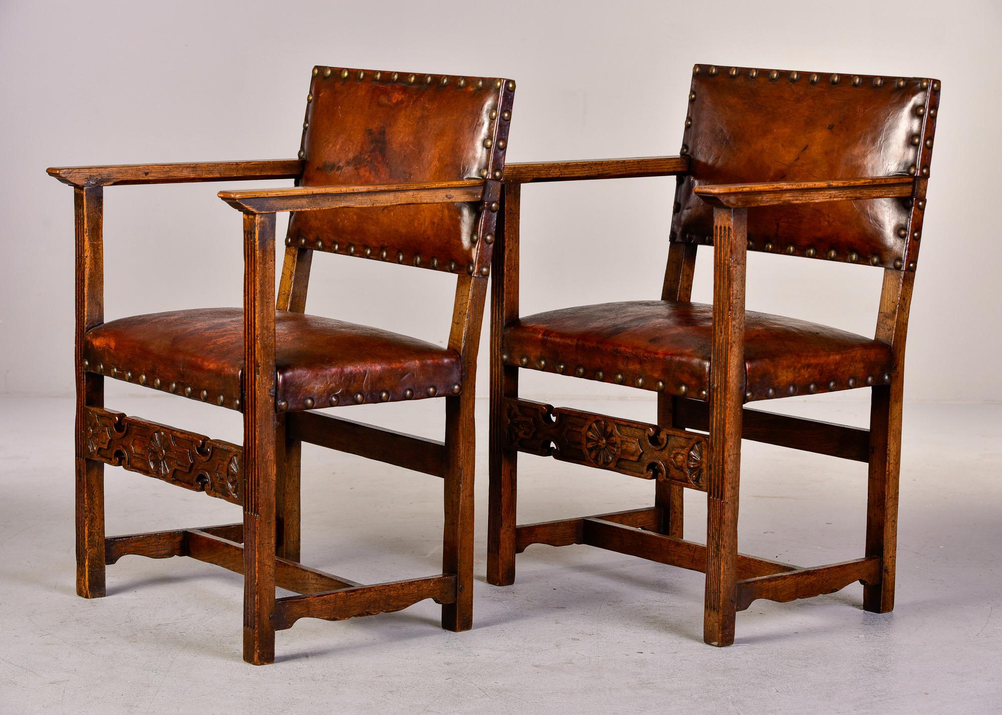 Pair English Arts and Crafts Oak Chairs With Original Leather 1