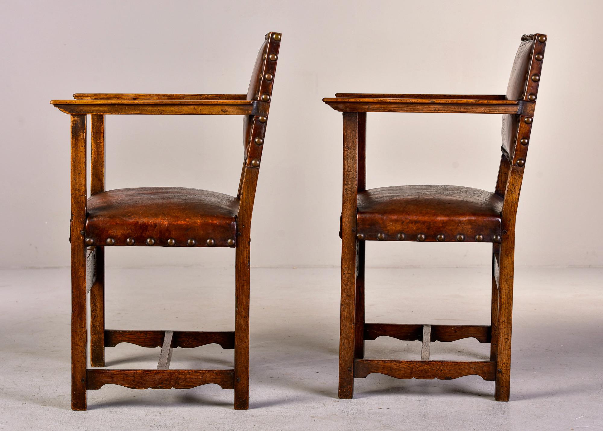 Pair English Arts and Crafts Oak Chairs With Original Leather 2