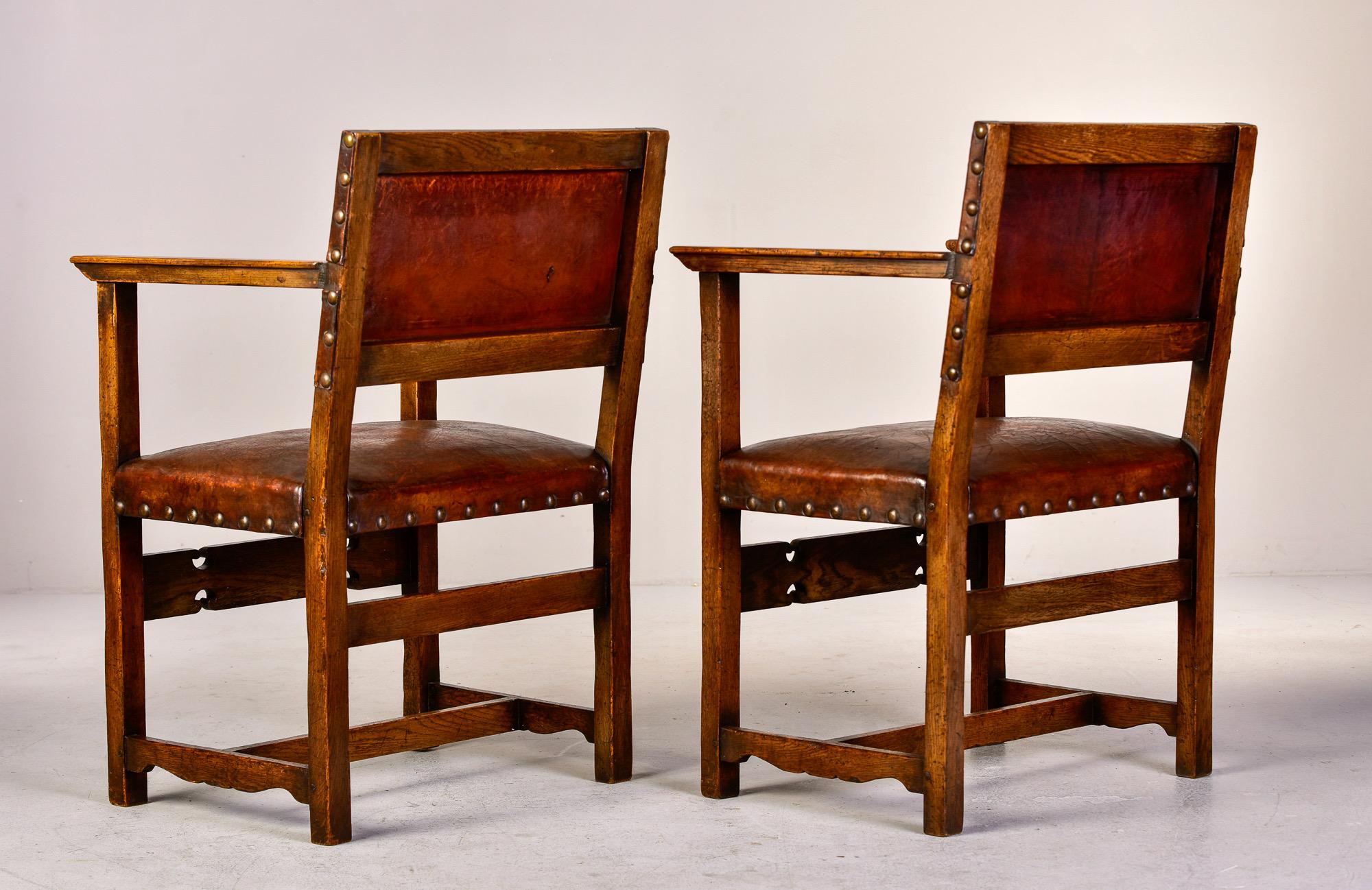 Pair English Arts and Crafts Oak Chairs With Original Leather 3