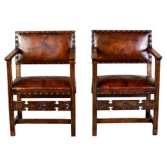 Pair English Arts and Crafts Oak Chairs With Original Leather