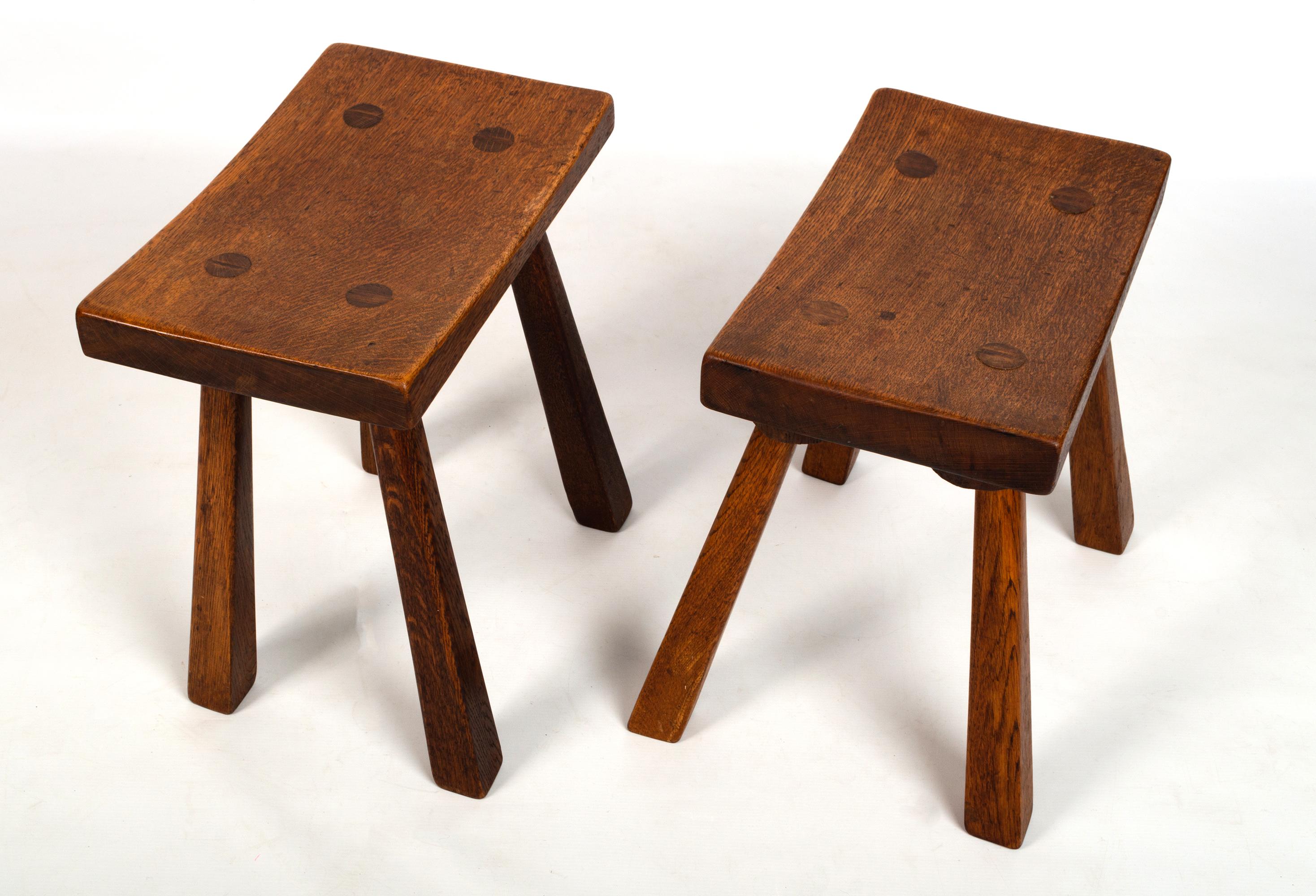 Arts and Crafts Pair English Arts & Crafts Cotswolds School Oak Stools End Tables, C.1950 For Sale