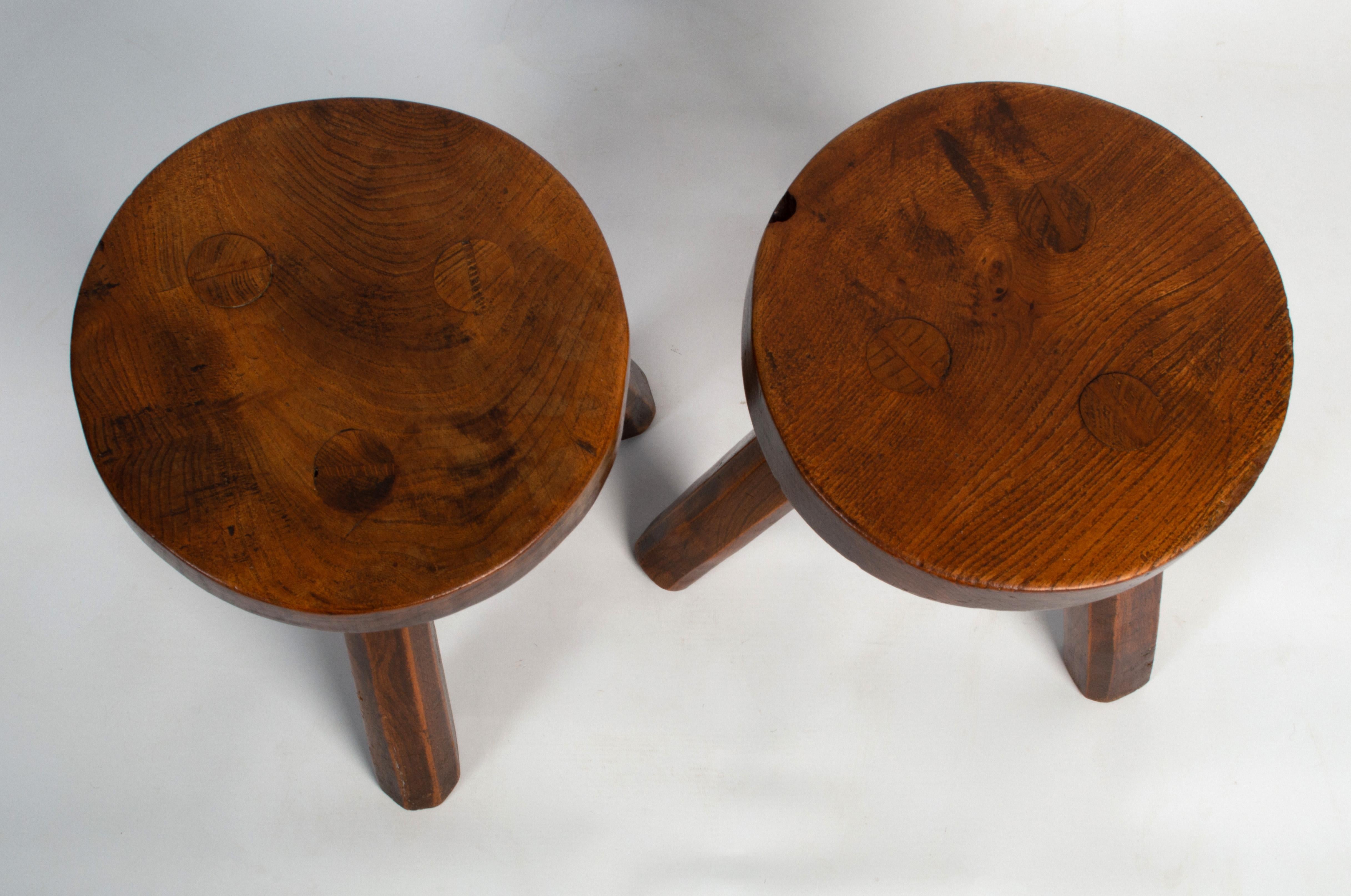 Arts and Crafts Pair English Arts & Crafts Elm Cricket Stools, circa 1950 For Sale