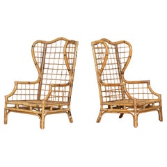 Used Pair English Bamboo Wingback Armchairs