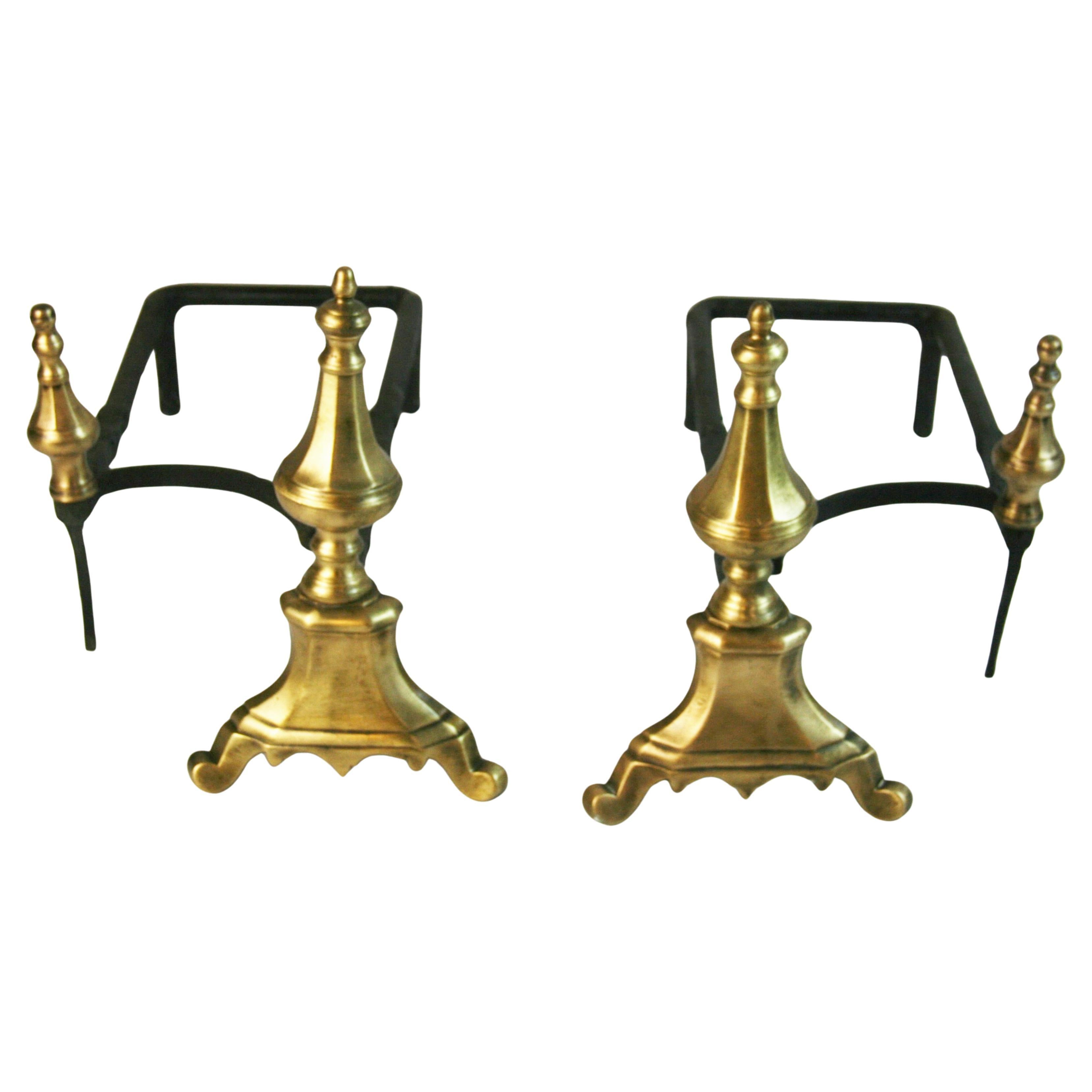 Pair English Brass and Iron Hand Made Andirons