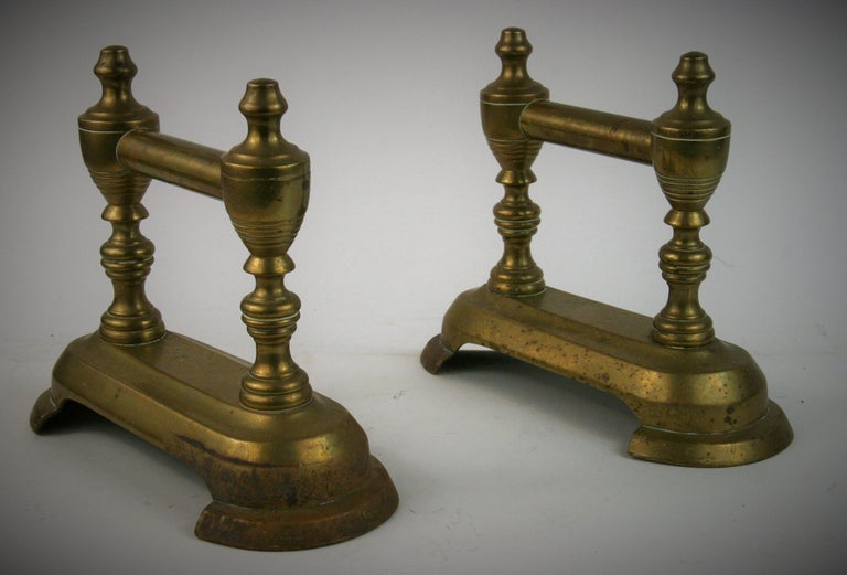 Antique Pair English Brass Fireplace Tool Rests with Urn Finials 19th