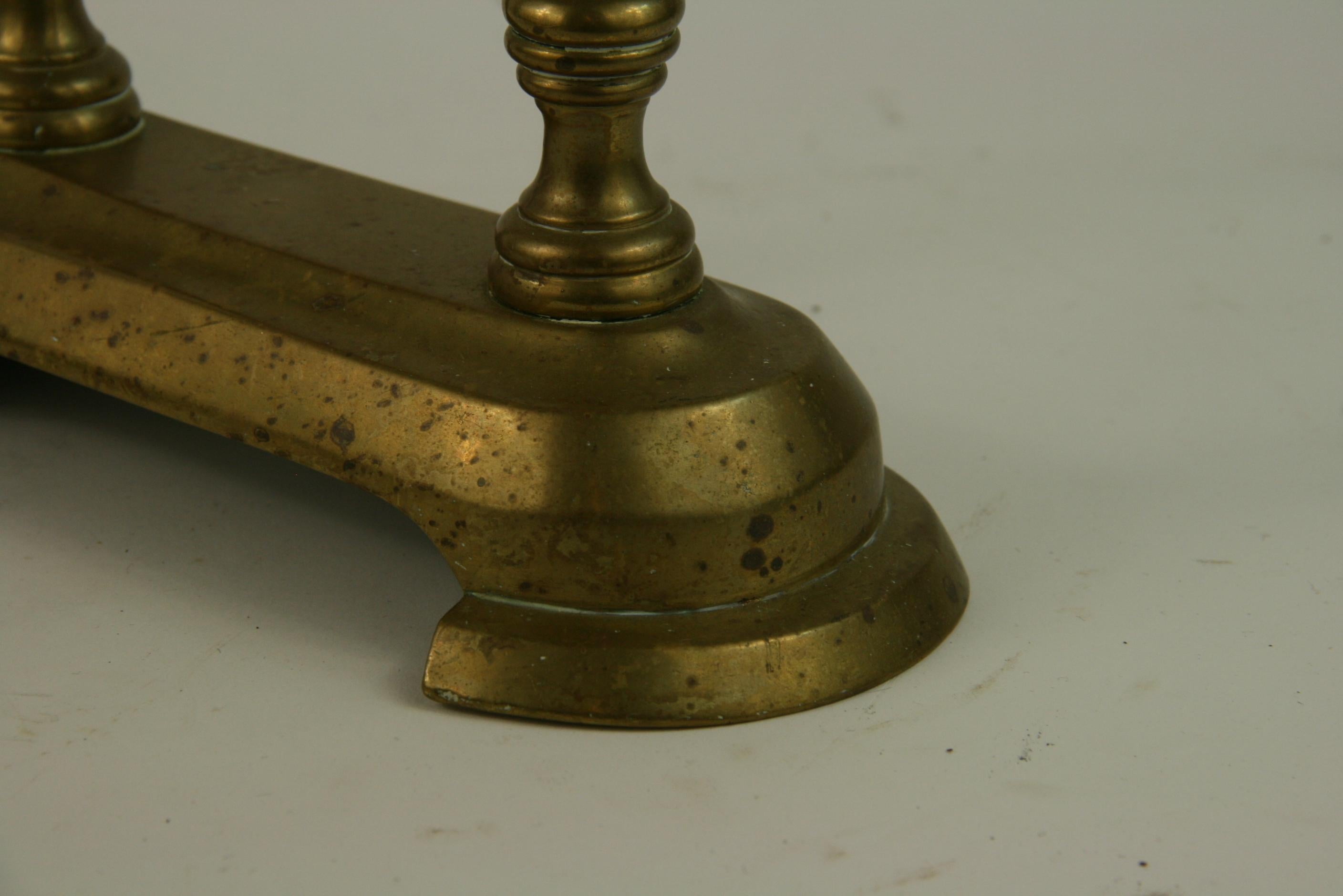 Antique Pair English Brass Fireplace Tool Rests with Urn Finials 19th Century In Good Condition For Sale In Douglas Manor, NY