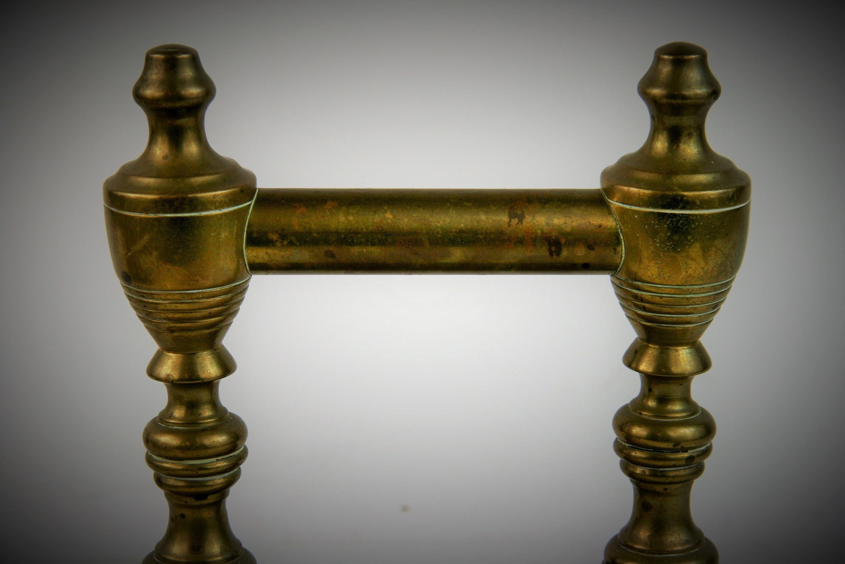 Antique Pair English Brass Fireplace Tool Rests with Urn Finials 19th Century For Sale 1
