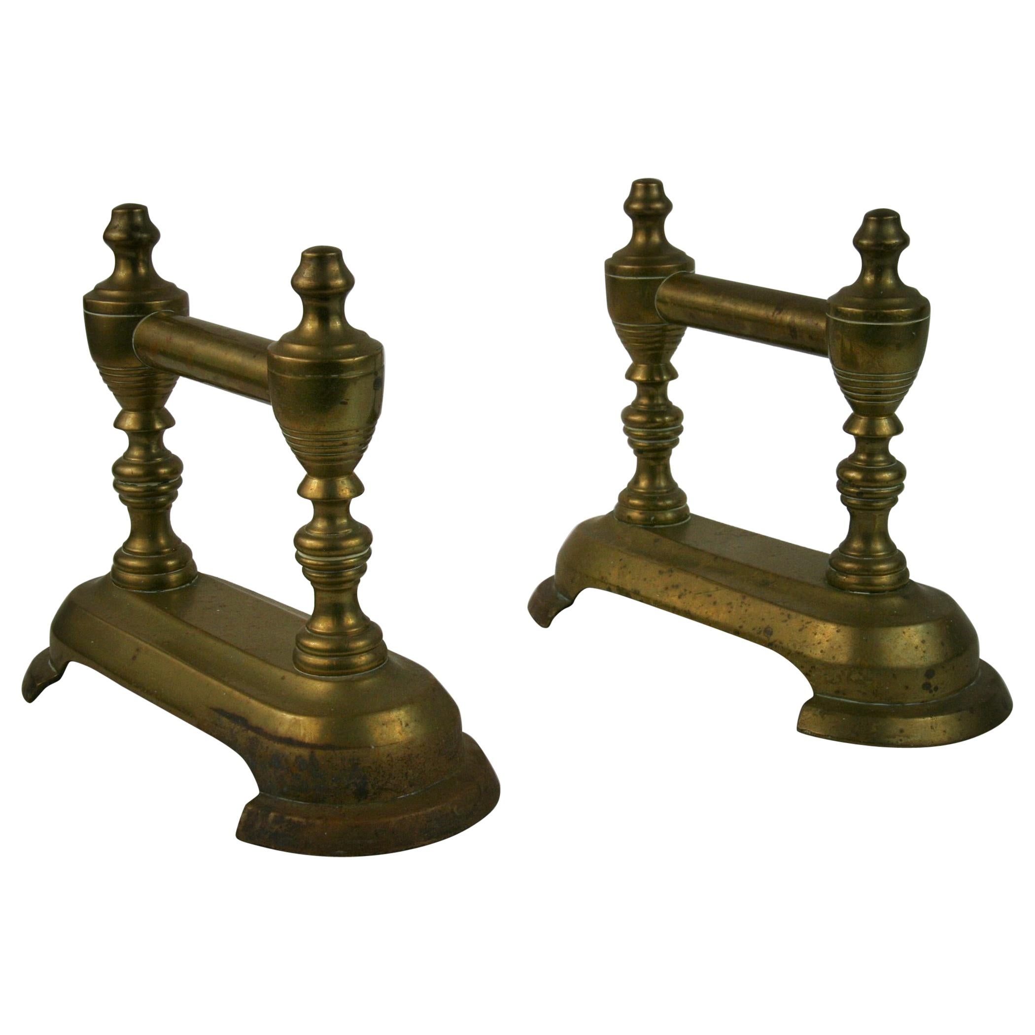 Antique Pair English Brass Fireplace Tool Rests with Urn Finials 19th Century