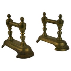 Used Pair English Brass Fireplace Tool Rests with Urn Finials 19th Century