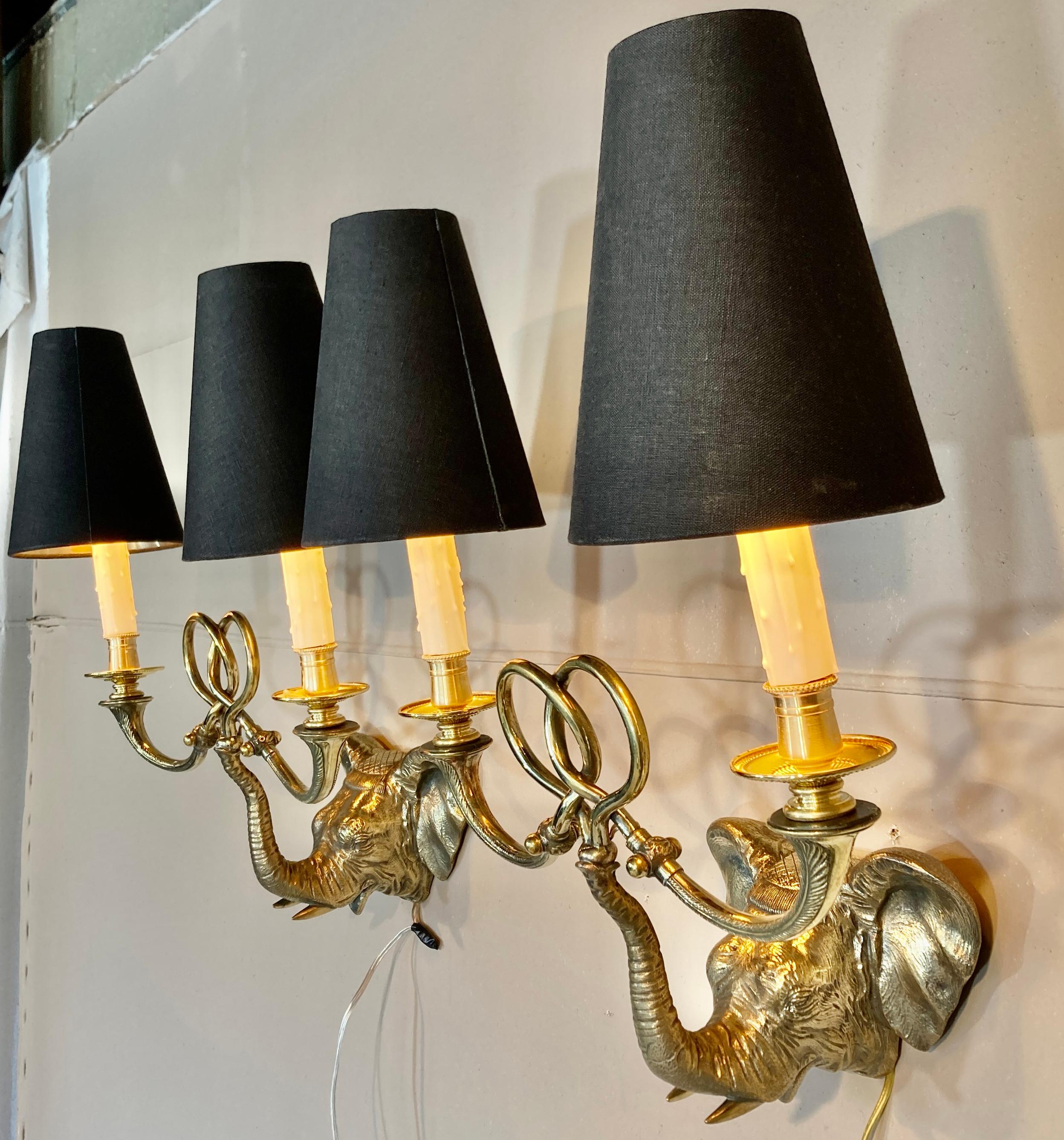 Pair English Brass Elephant Wall Sconces Early 20th C In Excellent Condition For Sale In Lambertville, NJ