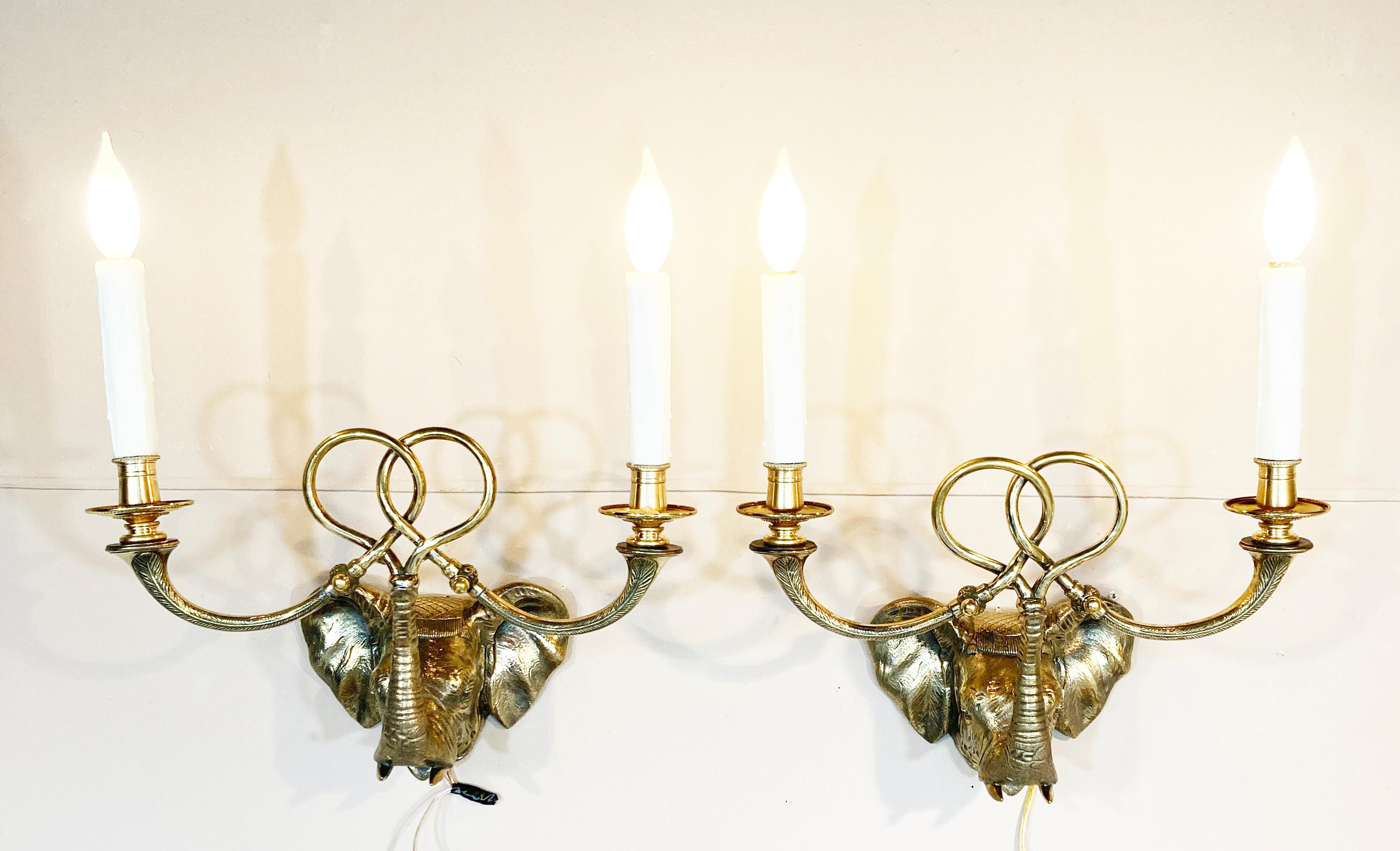 20th Century Pair English Brass Elephant Wall Sconces Early 20th C For Sale
