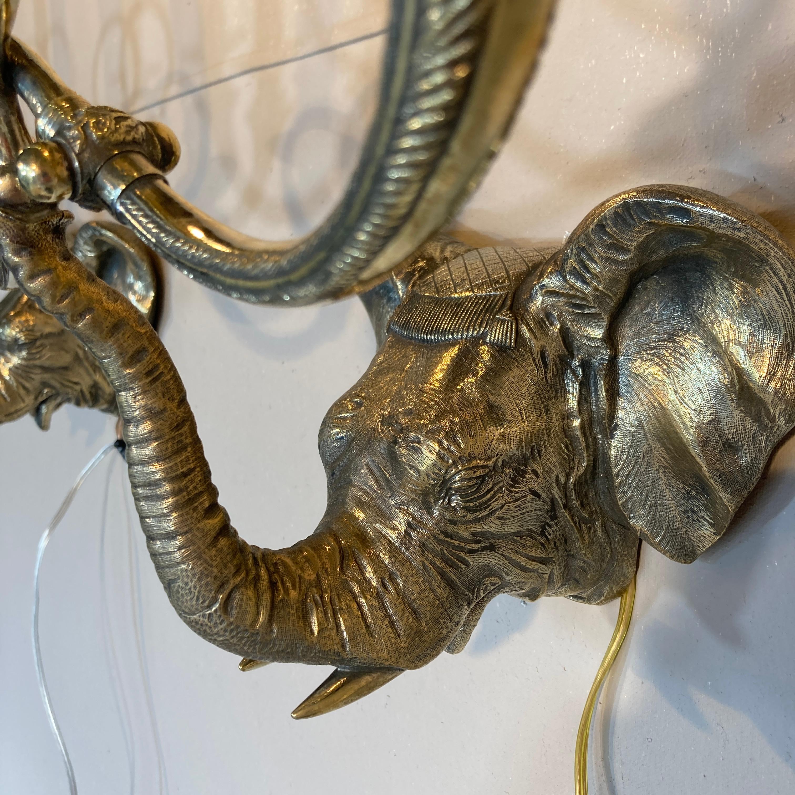 Pair English Brass Elephant Wall Sconces Early 20th C For Sale 1