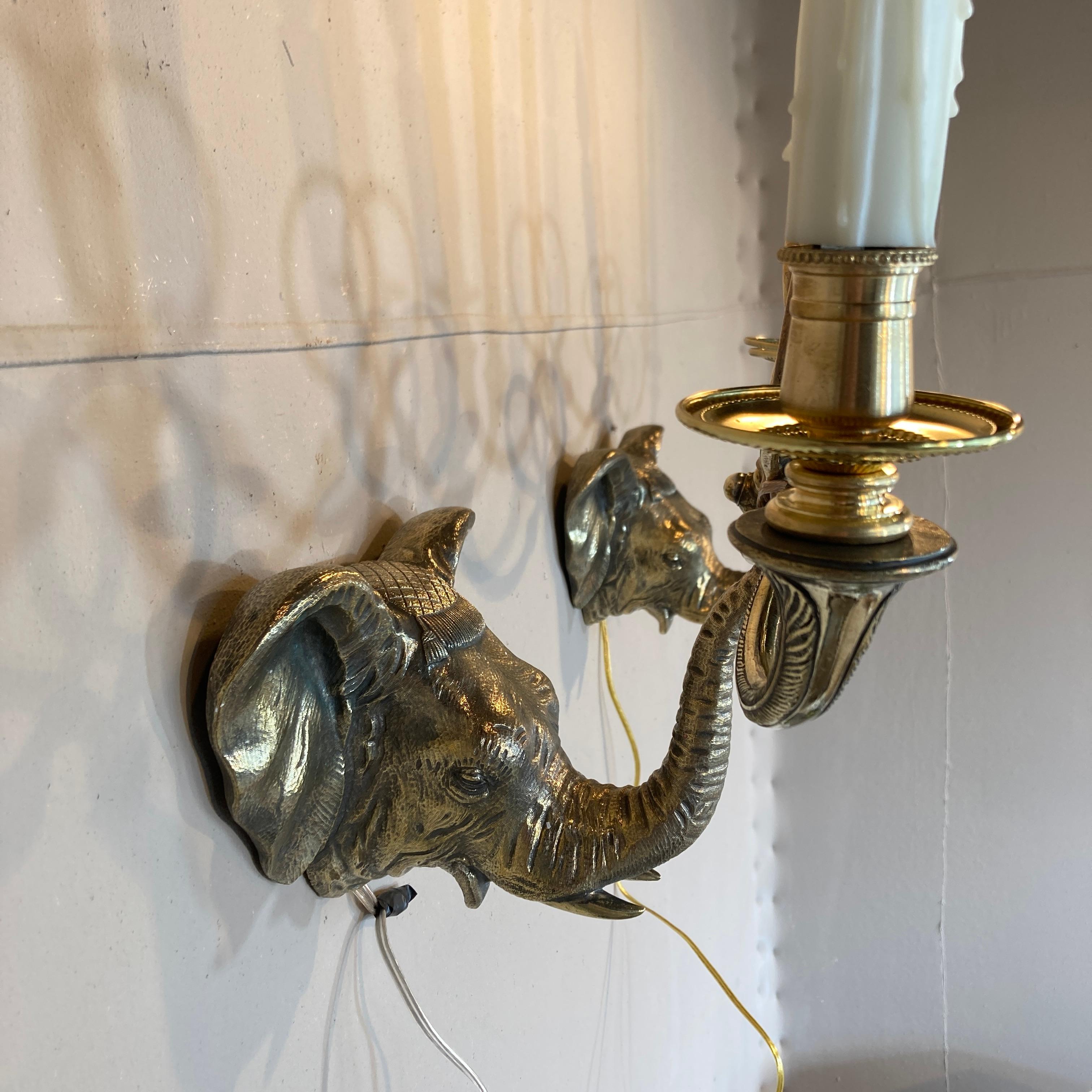 Pair English Brass Elephant Wall Sconces Early 20th C For Sale 3