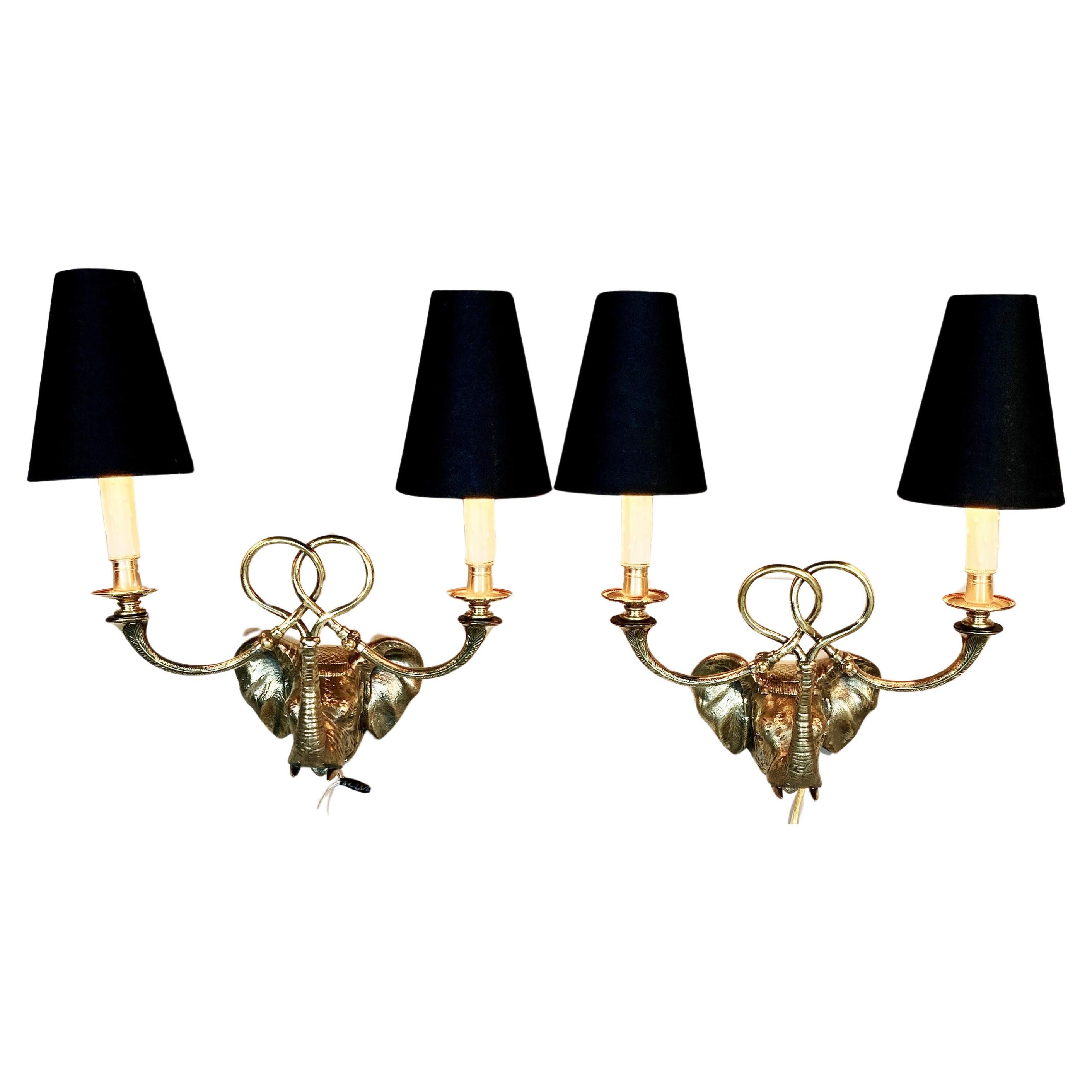 Pair English Brass Elephant Wall Sconces Early 20th C For Sale