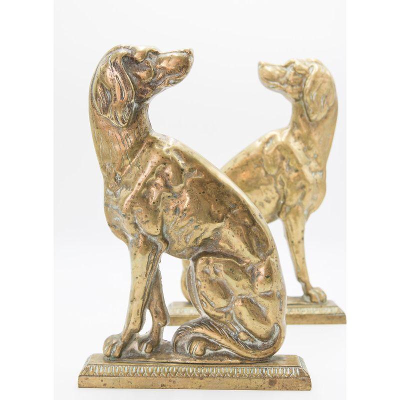 19th Century Pair English Brass Fireside Whippet Dogs Sculptures Doorstops Bookends, c. 1880 For Sale